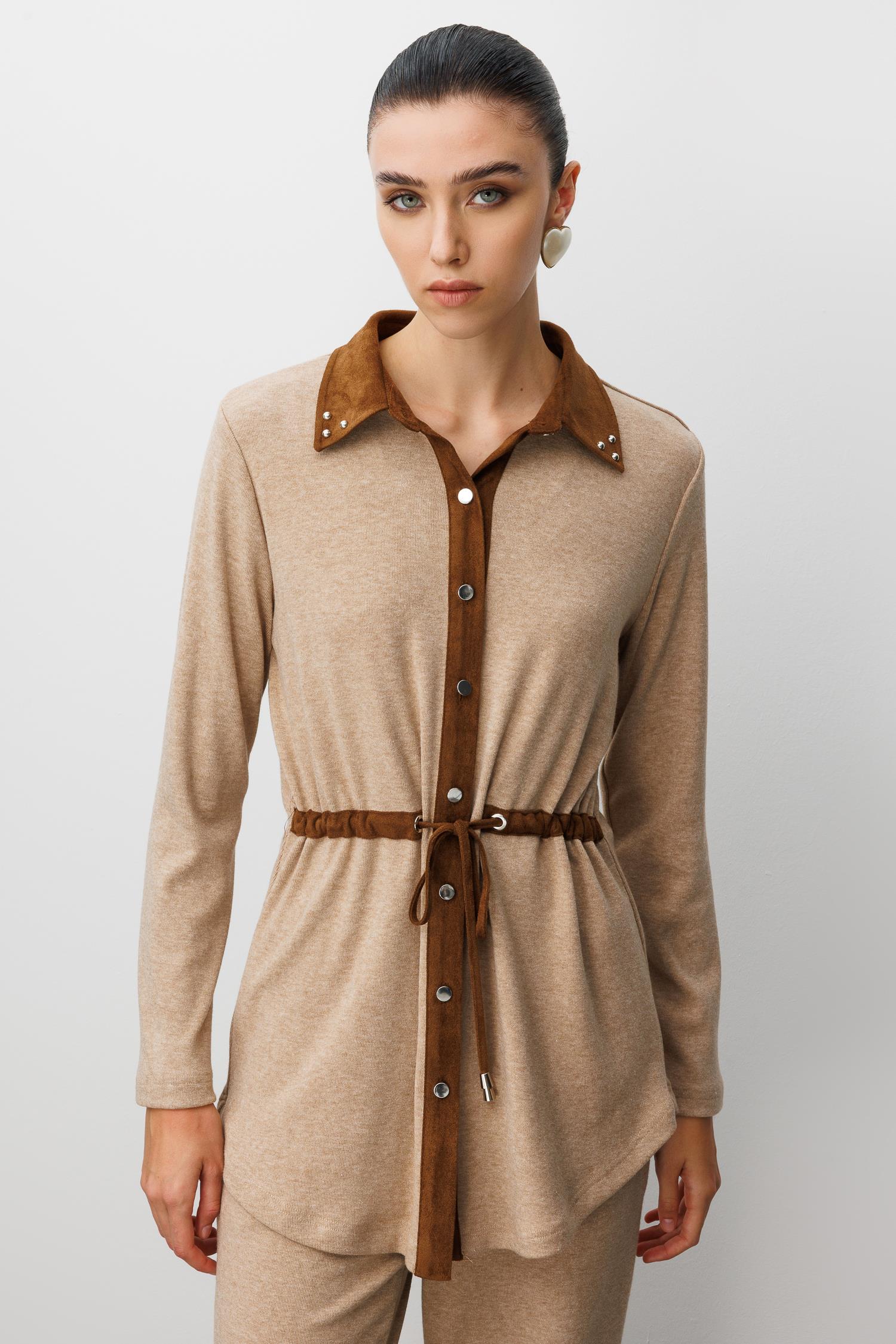 Modailgi  Triko Ve Süet Karışımlı Belden Tünelli Lase Nakış Vetrok Detaylı Triko Gömlek Vizon