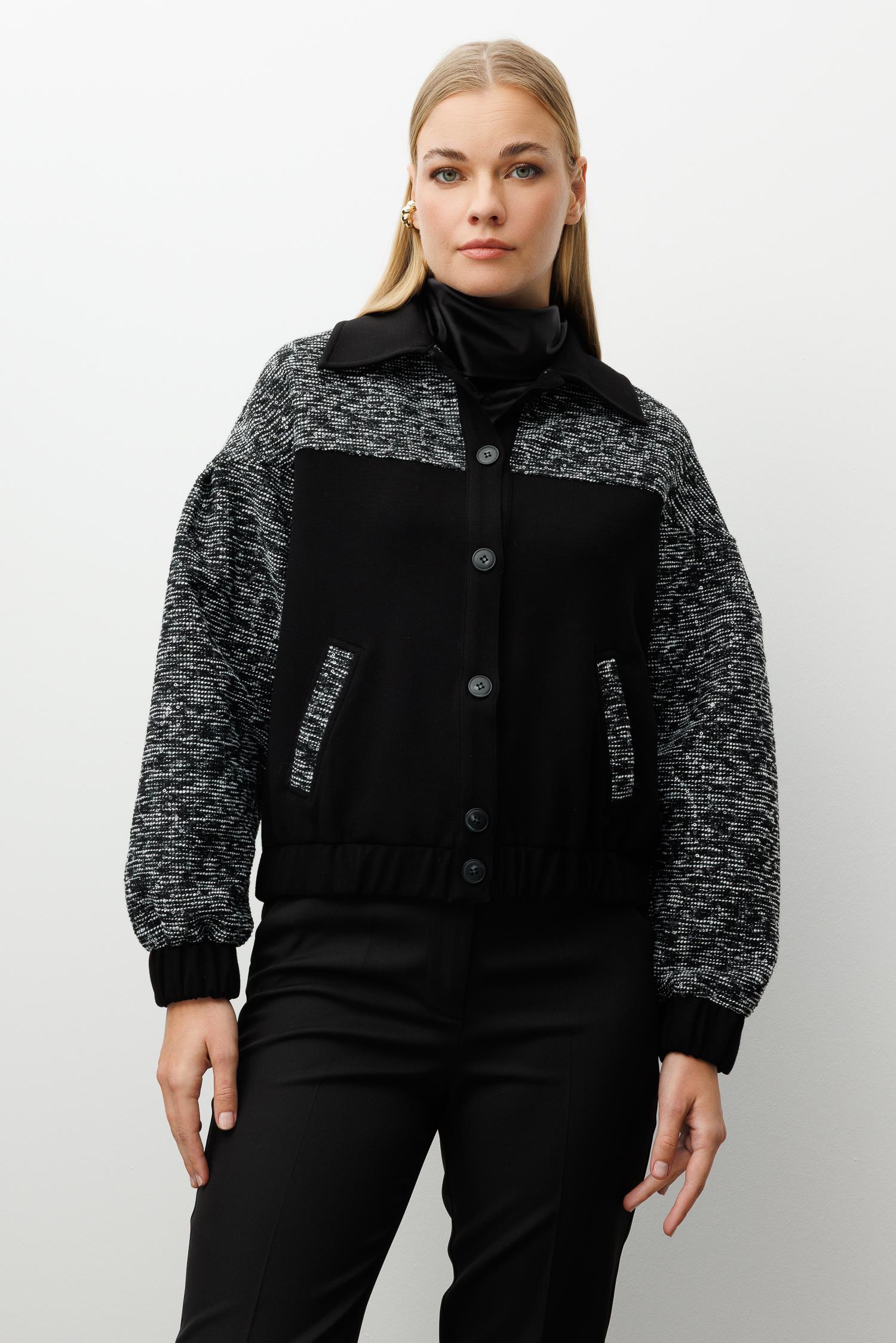 Modailgi  Tuvit Kumaş Garni Detaylı Kolları Pileli Kısa Örme Mont - 40011 Siyah