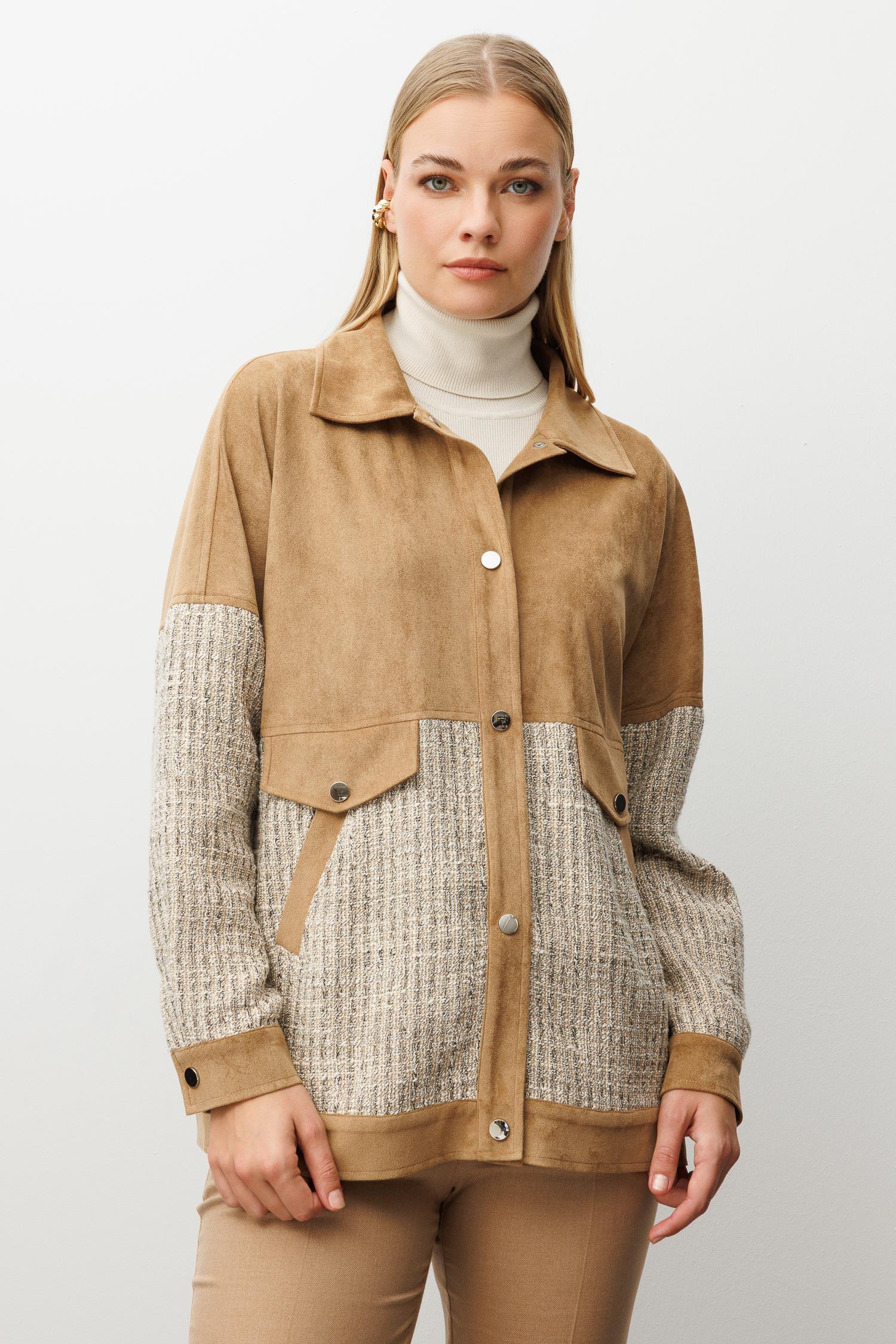 Modailgi  Tüvit Kumaş Garnili Düşük Kol Oversize Yandan Cepli Süet Tunik Vizon