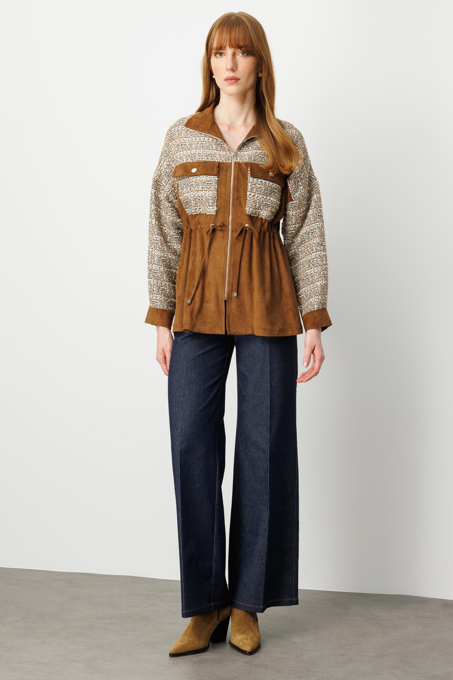 Modailgi  Tvit Kumaş Garnili Tünel Bağcıklı Fermuar Kapamalı Süet Oversize Tunik Vizon