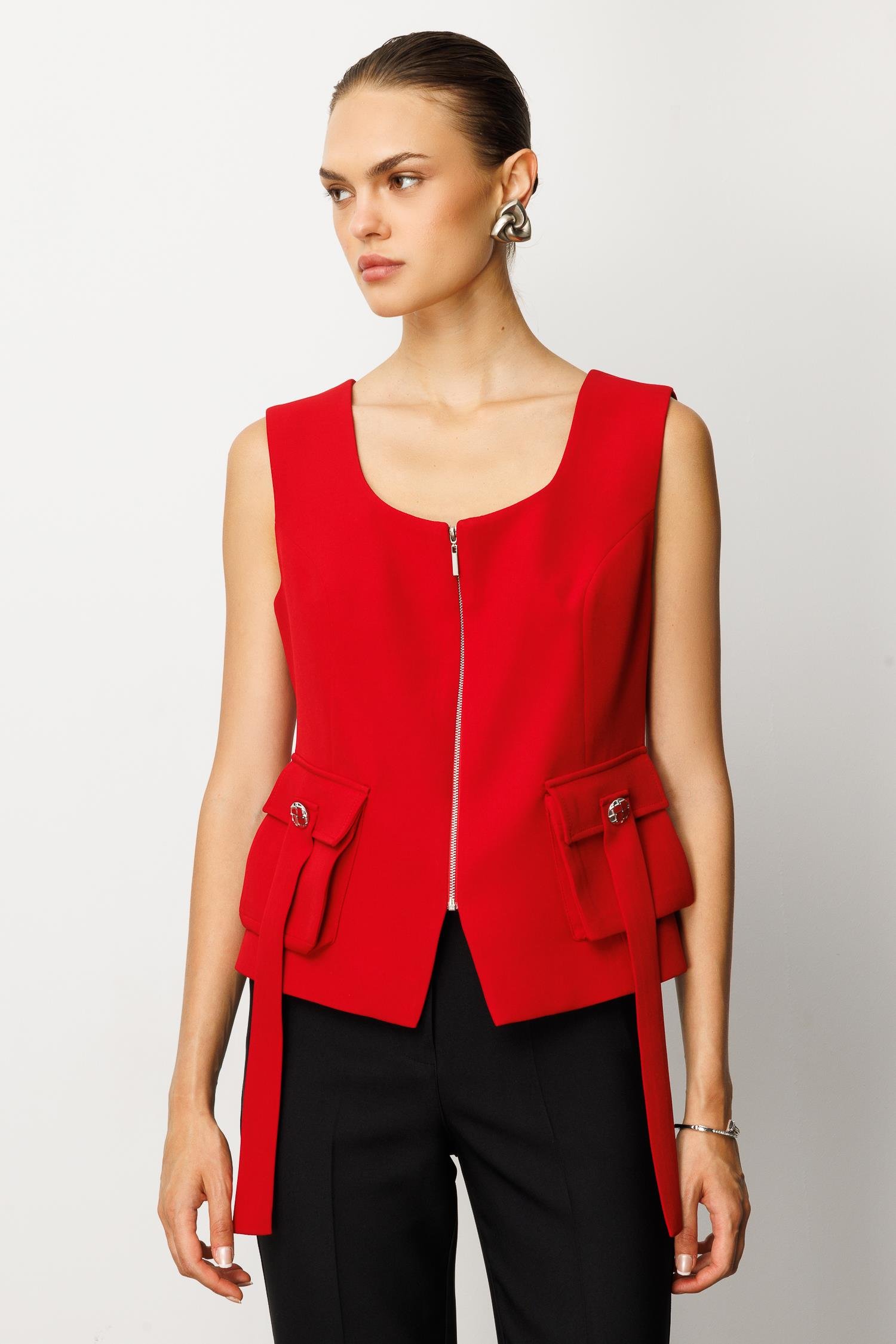 Modailgi  U Yaka Fermuar Kapamalı Torba Cepli Yelek Kırmızı