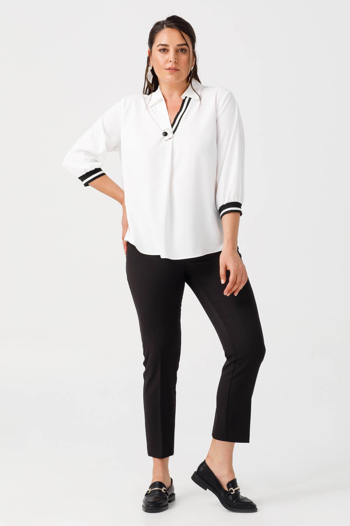 Modailgi  V Yaka Kolları Ribanalı Bluz Ekru