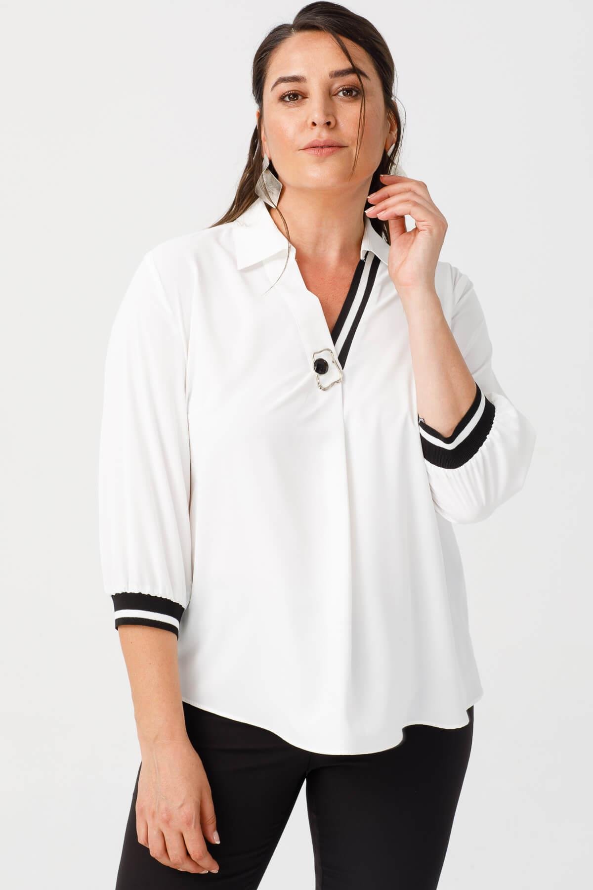 Modailgi  V Yaka Kolları Ribanalı Bluz Ekru