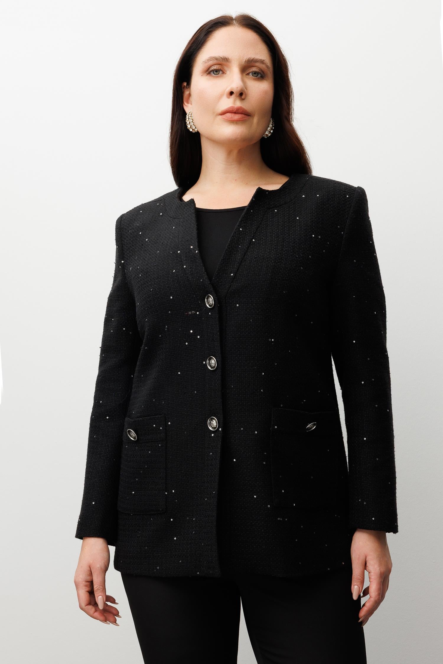 Modailgi  V Yaka Pullu Tüvit Kumaş Ceket Siyah