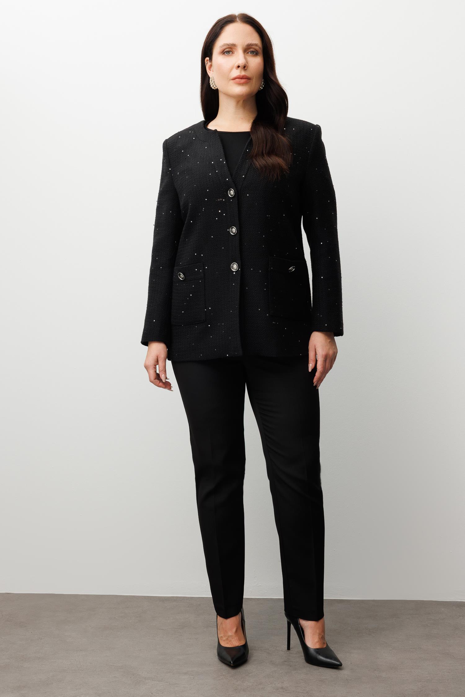 Modailgi  V Yaka Pullu Tüvit Kumaş Ceket Siyah