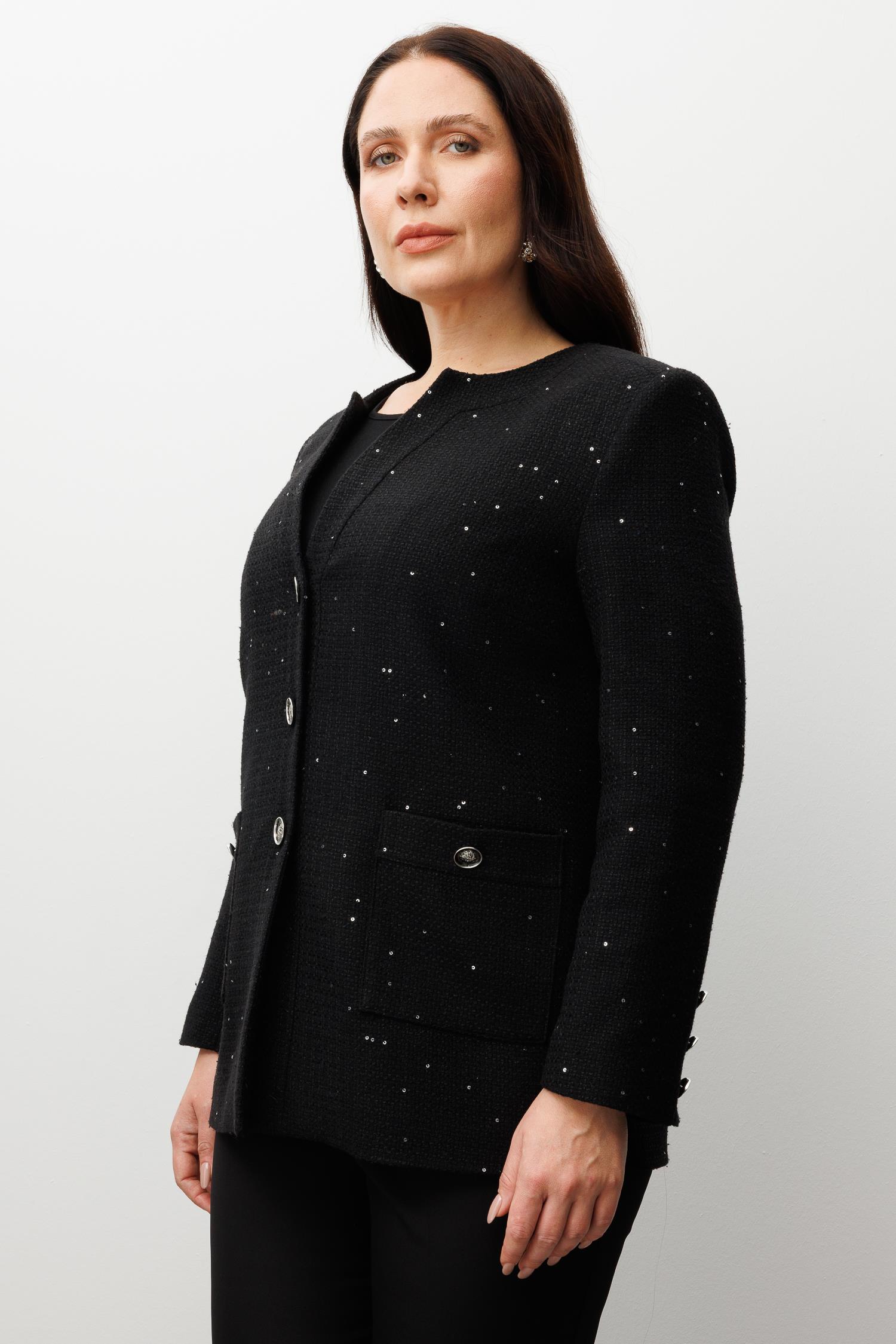 Modailgi  V Yaka Pullu Tüvit Kumaş Ceket Siyah