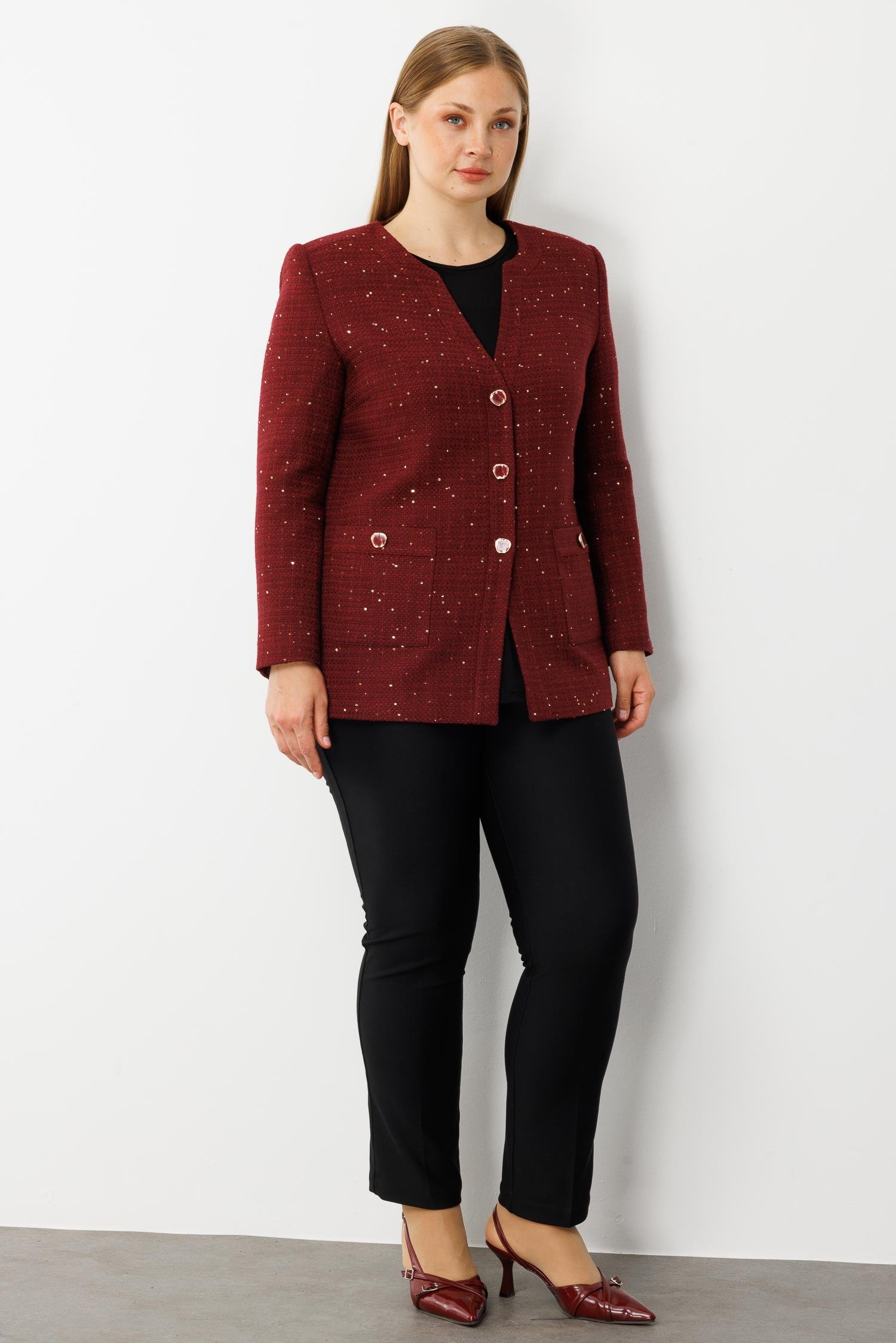 Modailgi  V Yaka Pullu Tüvit Kumaş Ceket Bordo