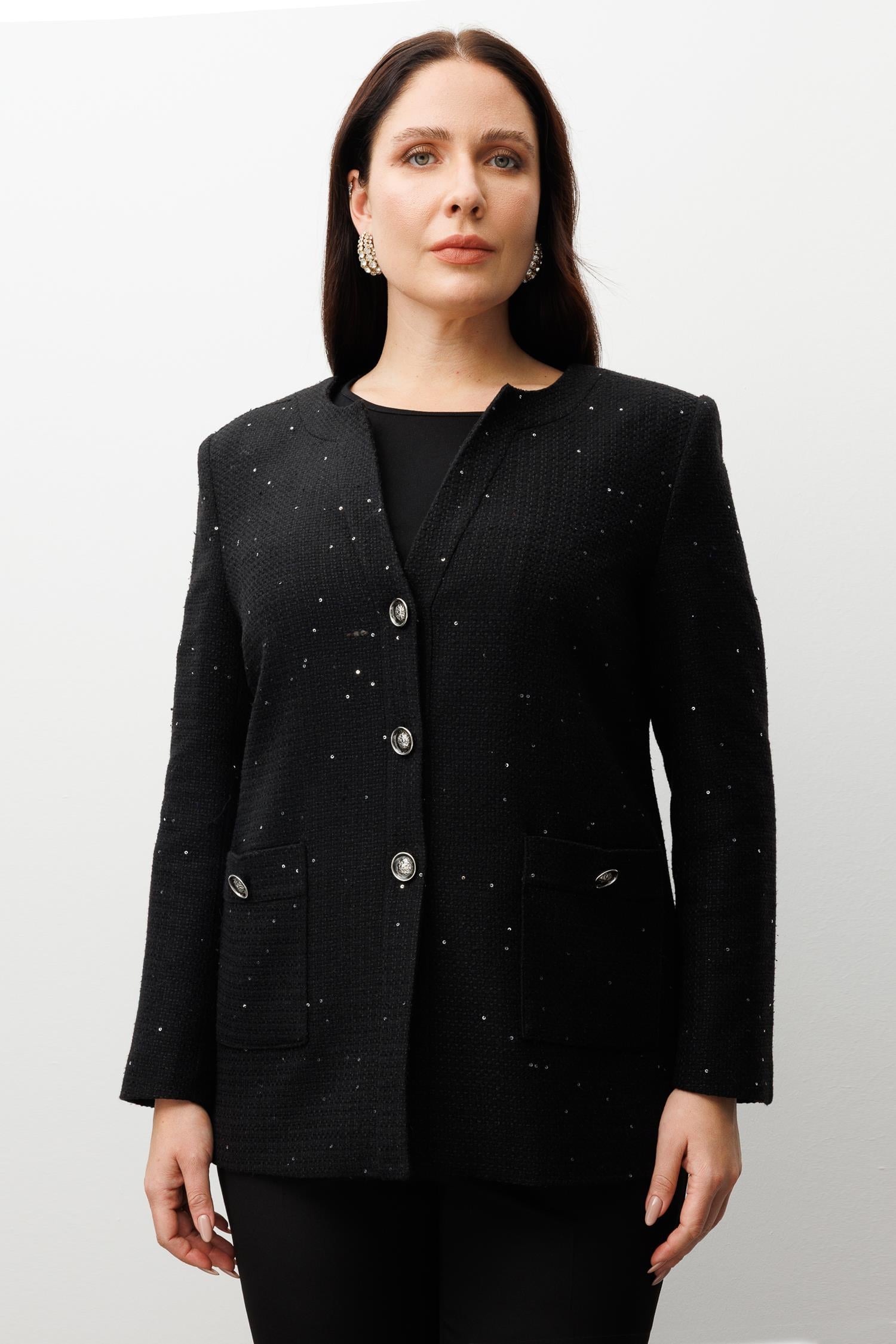 Modailgi  V Yaka Pullu Tüvit Kumaş Ceket Siyah