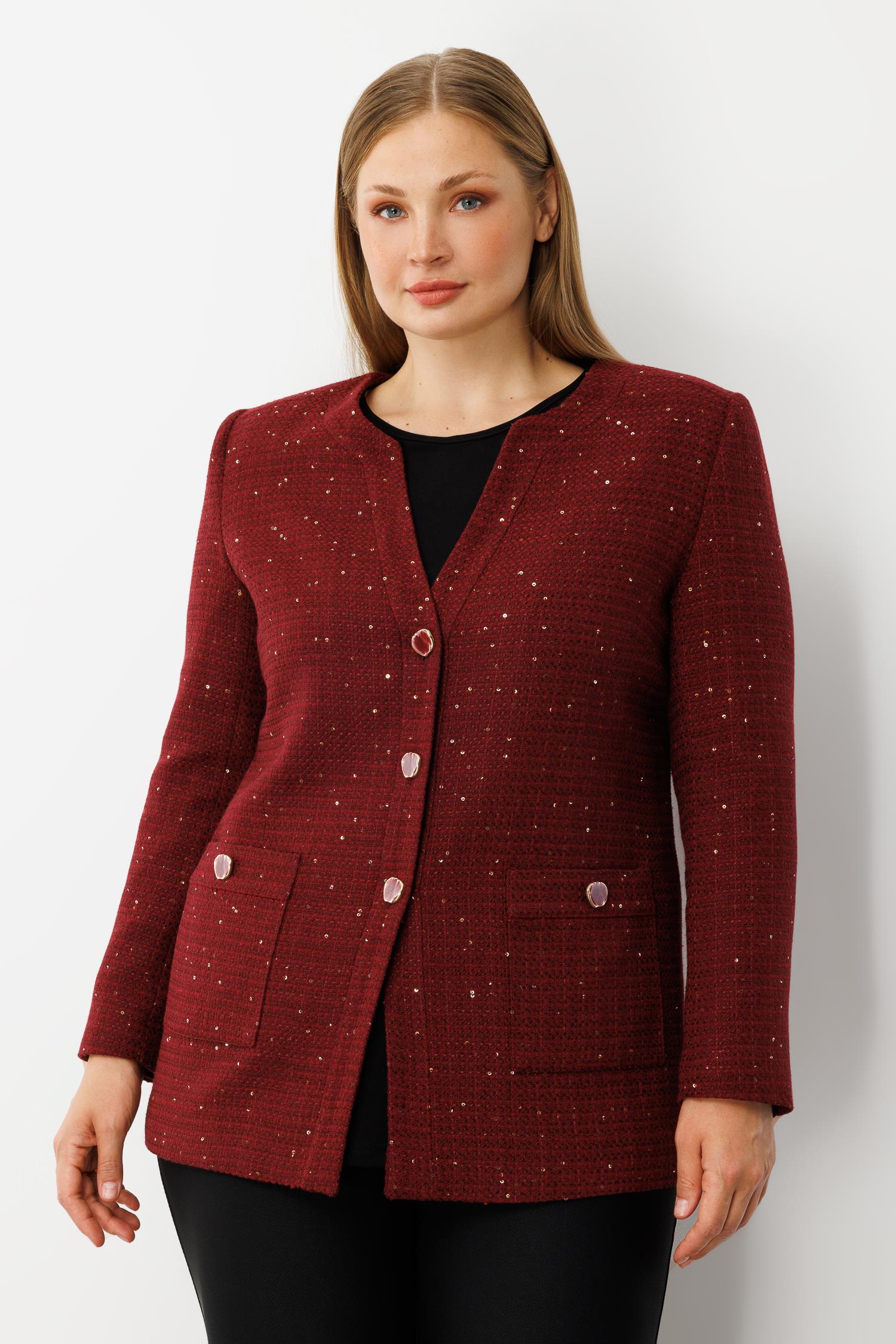 Modailgi  V Yaka Pullu Tüvit Kumaş Ceket Bordo