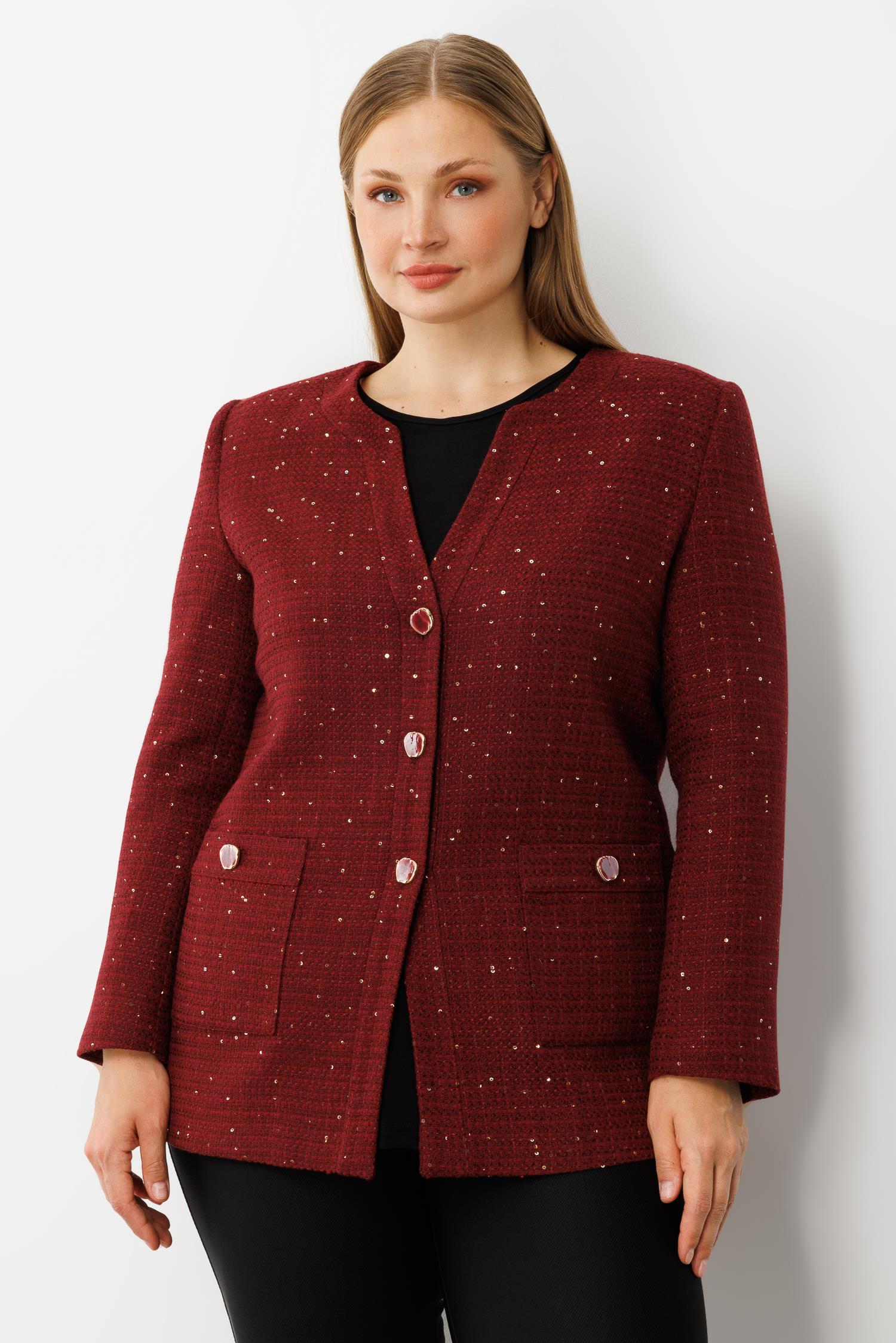 Modailgi  V Yaka Pullu Tüvit Kumaş Ceket Bordo