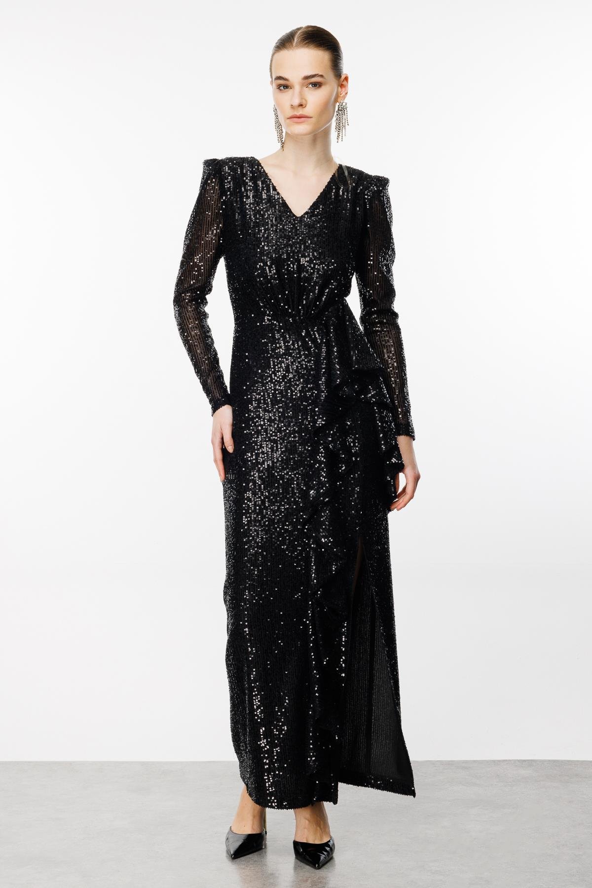 Modailgi  Volanlı Payet Elbise Siyah