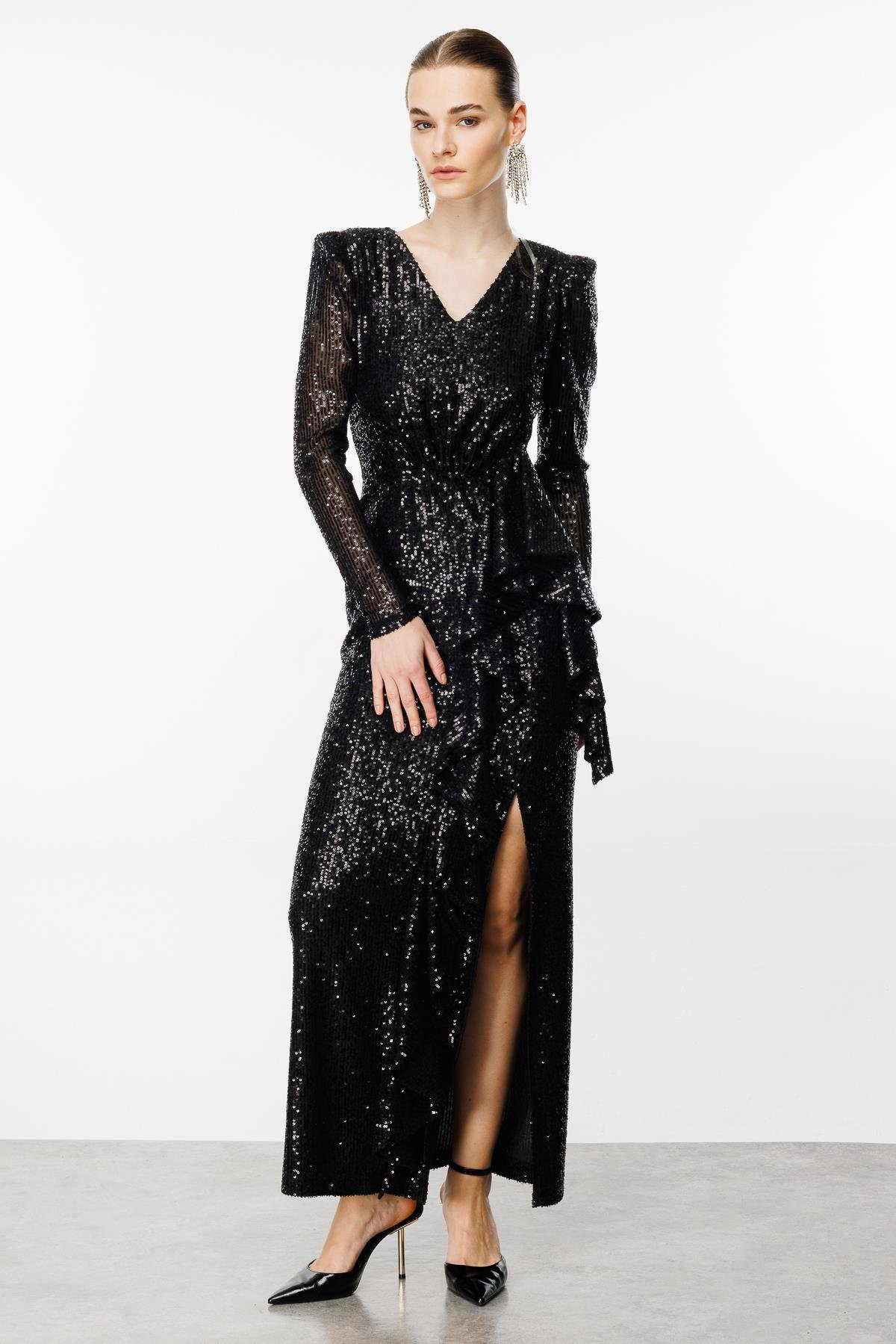 Modailgi  Volanlı Payet Elbise Siyah