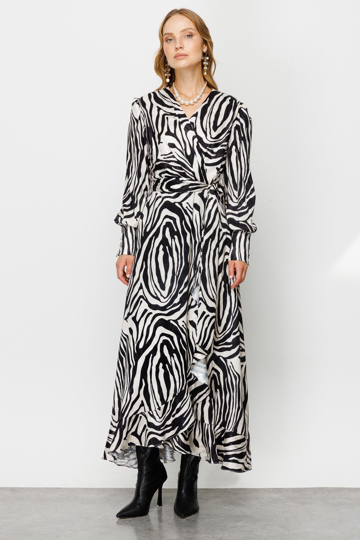 Modailgi  Volanlı Uzun Emprime Elbise Orijinal