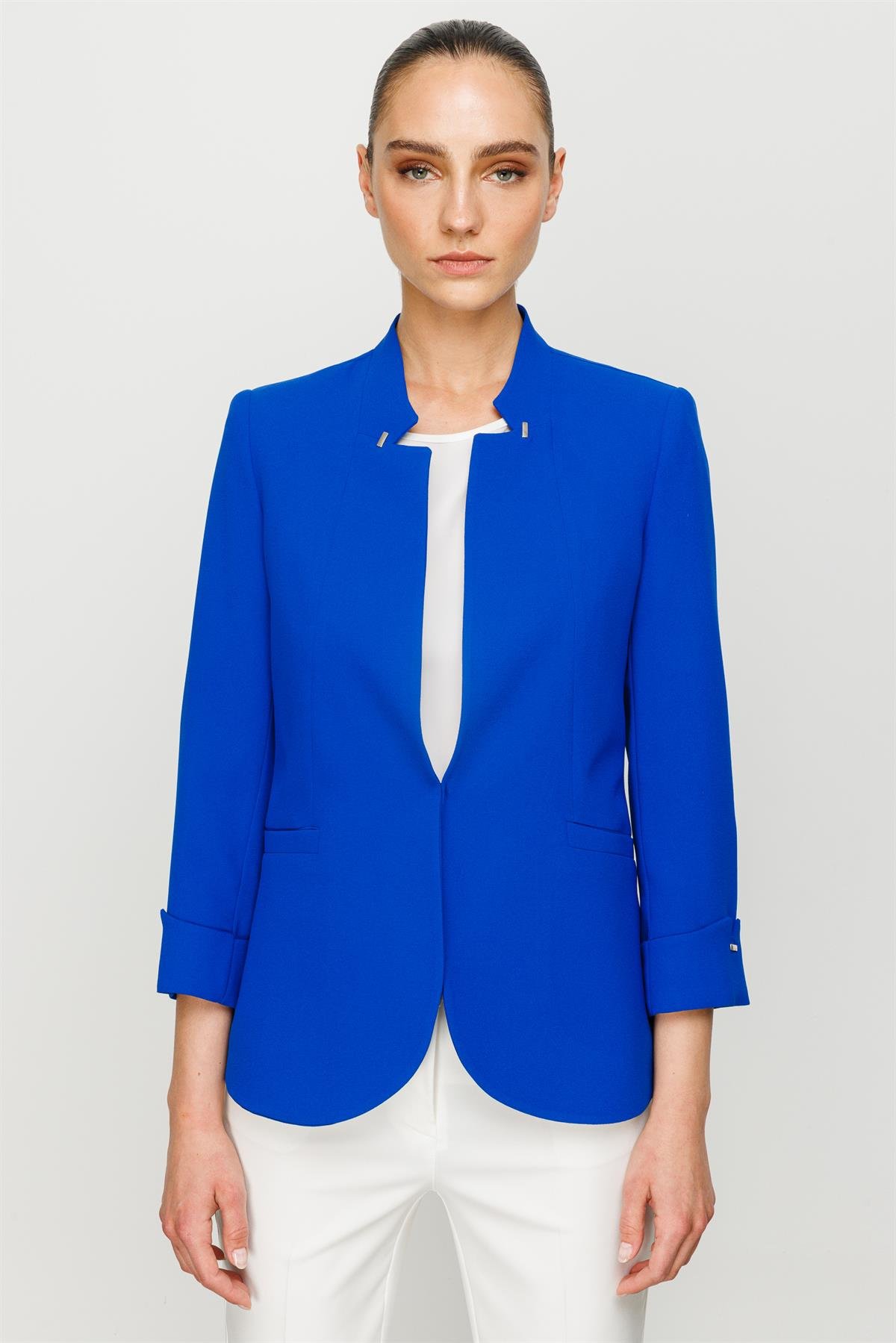 Modailgi  Yaka Ve Kolu Zımba Detaylı Ceket Saks