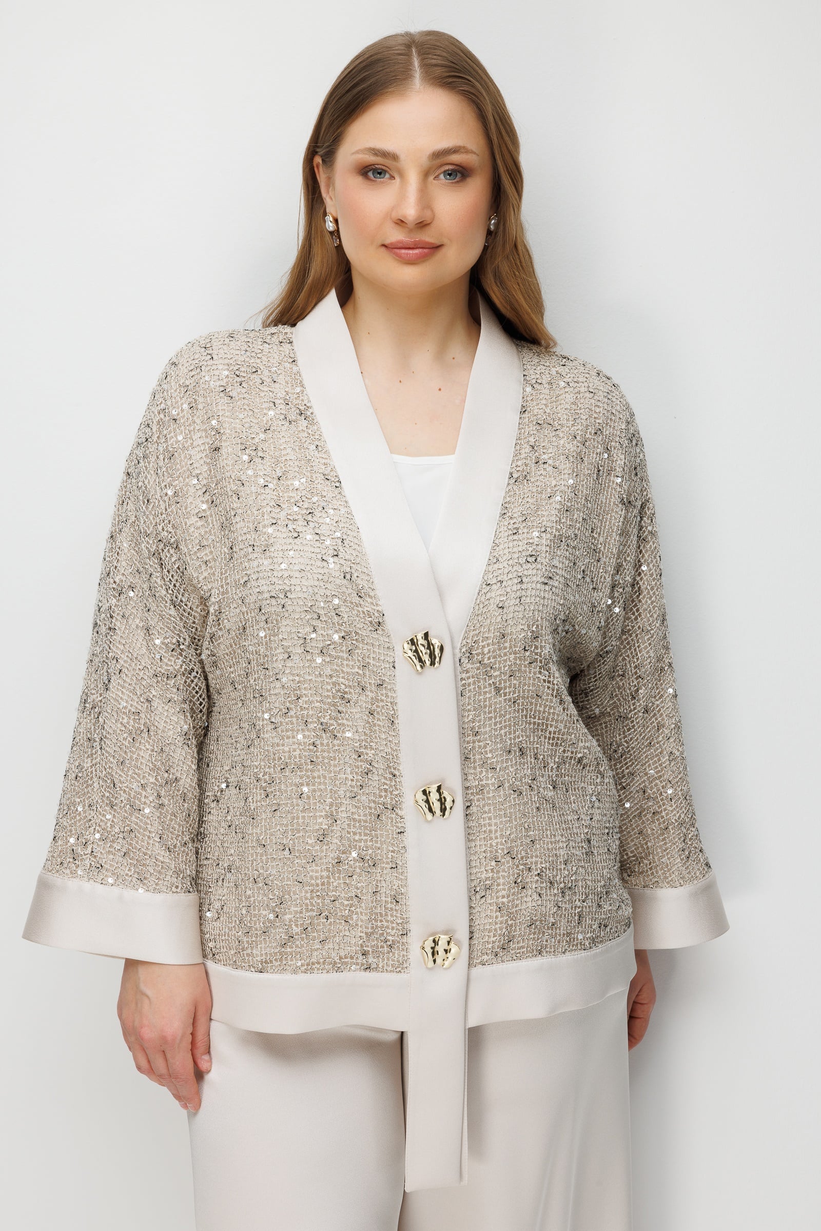 Modailgi  Yakası Asimetrik Pullu File Kumaş Ceket - 30124 Taş