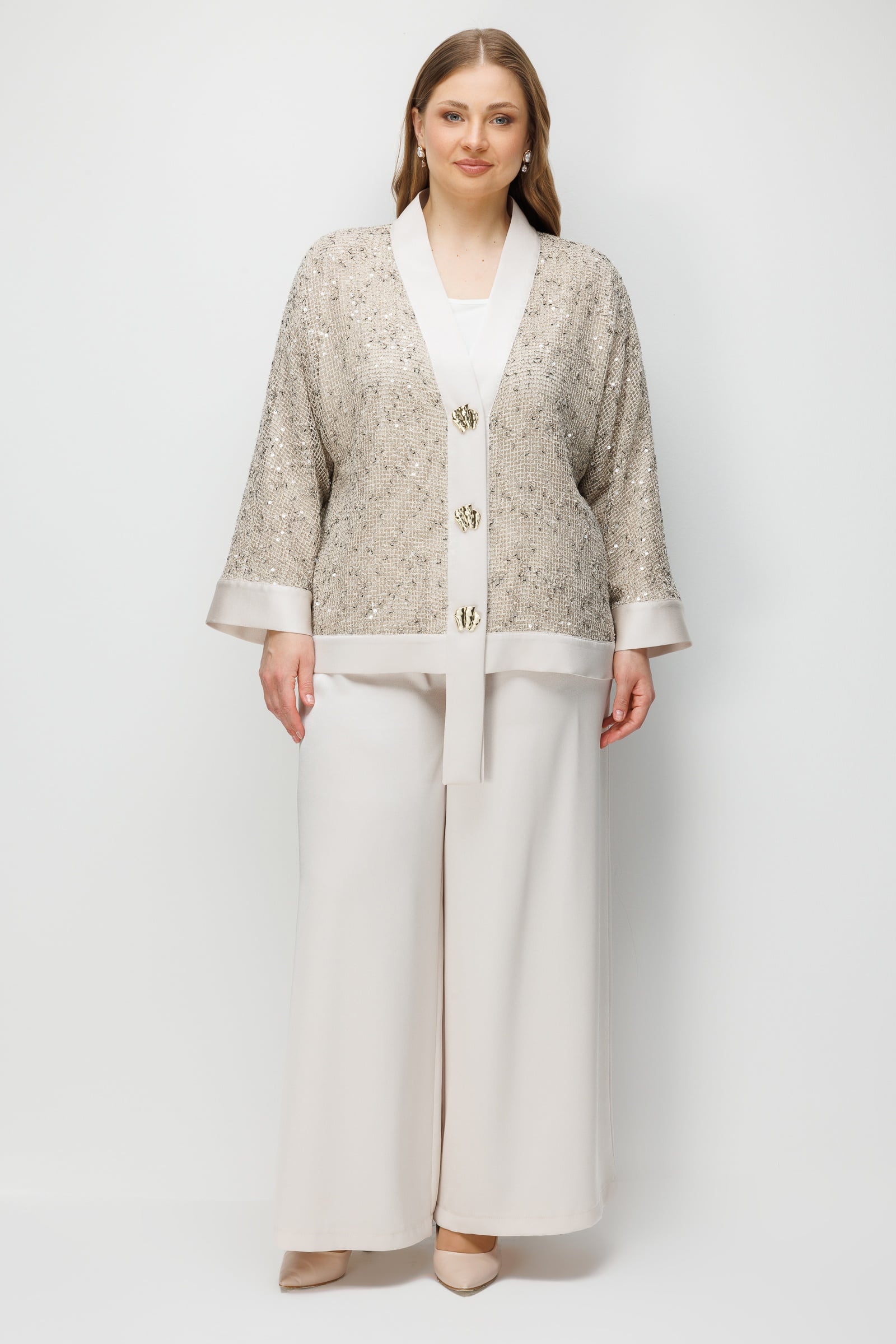 Modailgi  Yakası Asimetrik Pullu File Kumaş Ceket - 30124 Taş