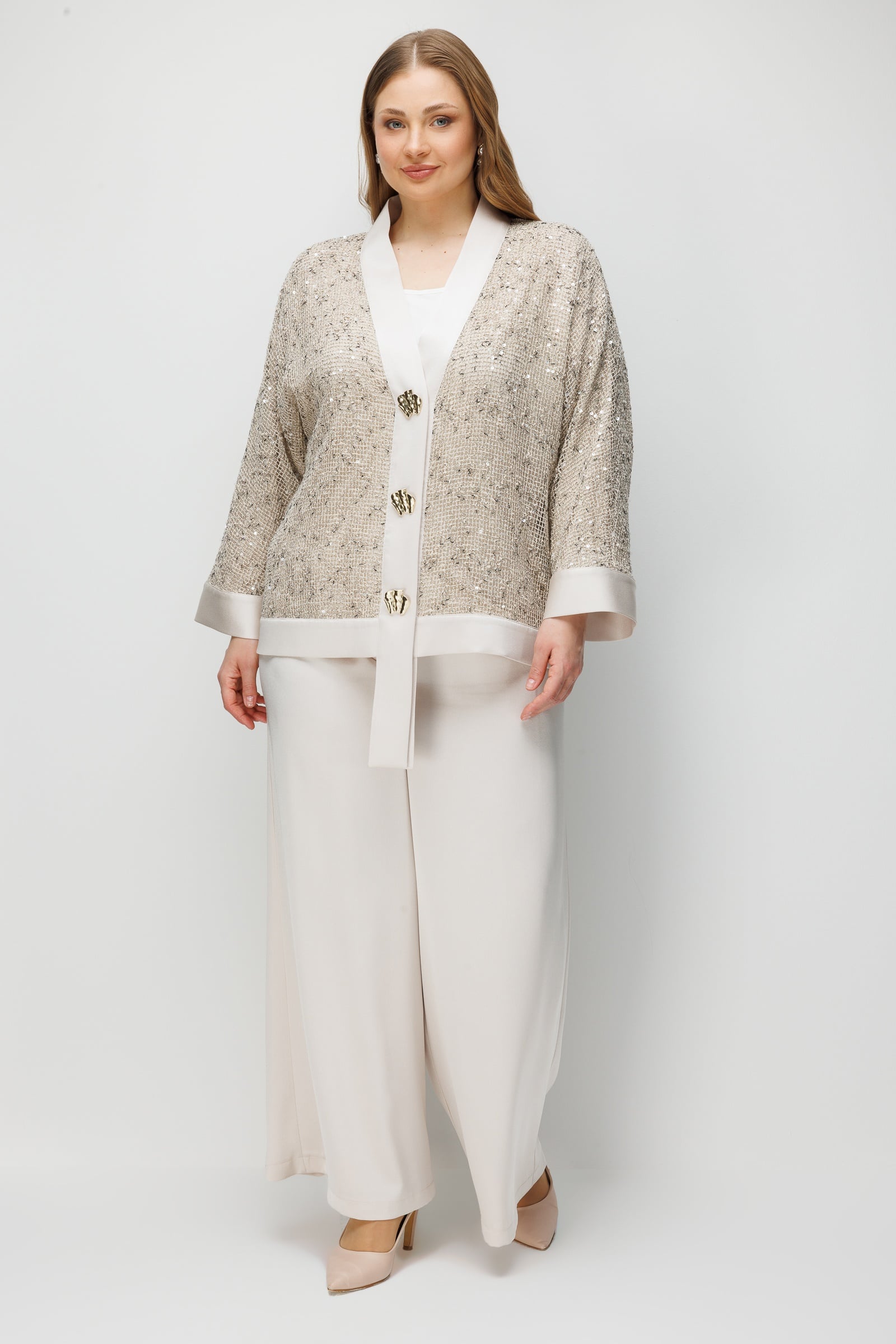 Modailgi  Yakası Asimetrik Pullu File Kumaş Ceket - 30124 Taş