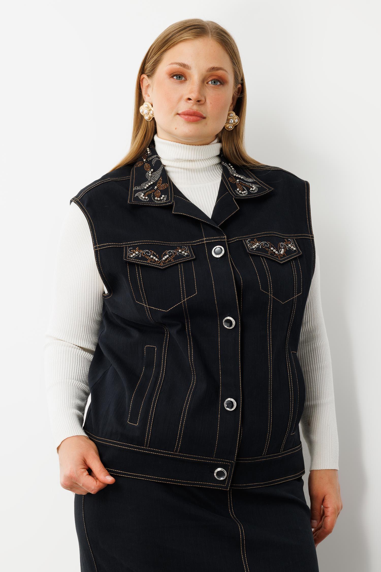 Modailgi  Yakası Cep Kapaklı Taş Detaylı Önü Düğmeli Denim Yelek - 20004 Lacivert