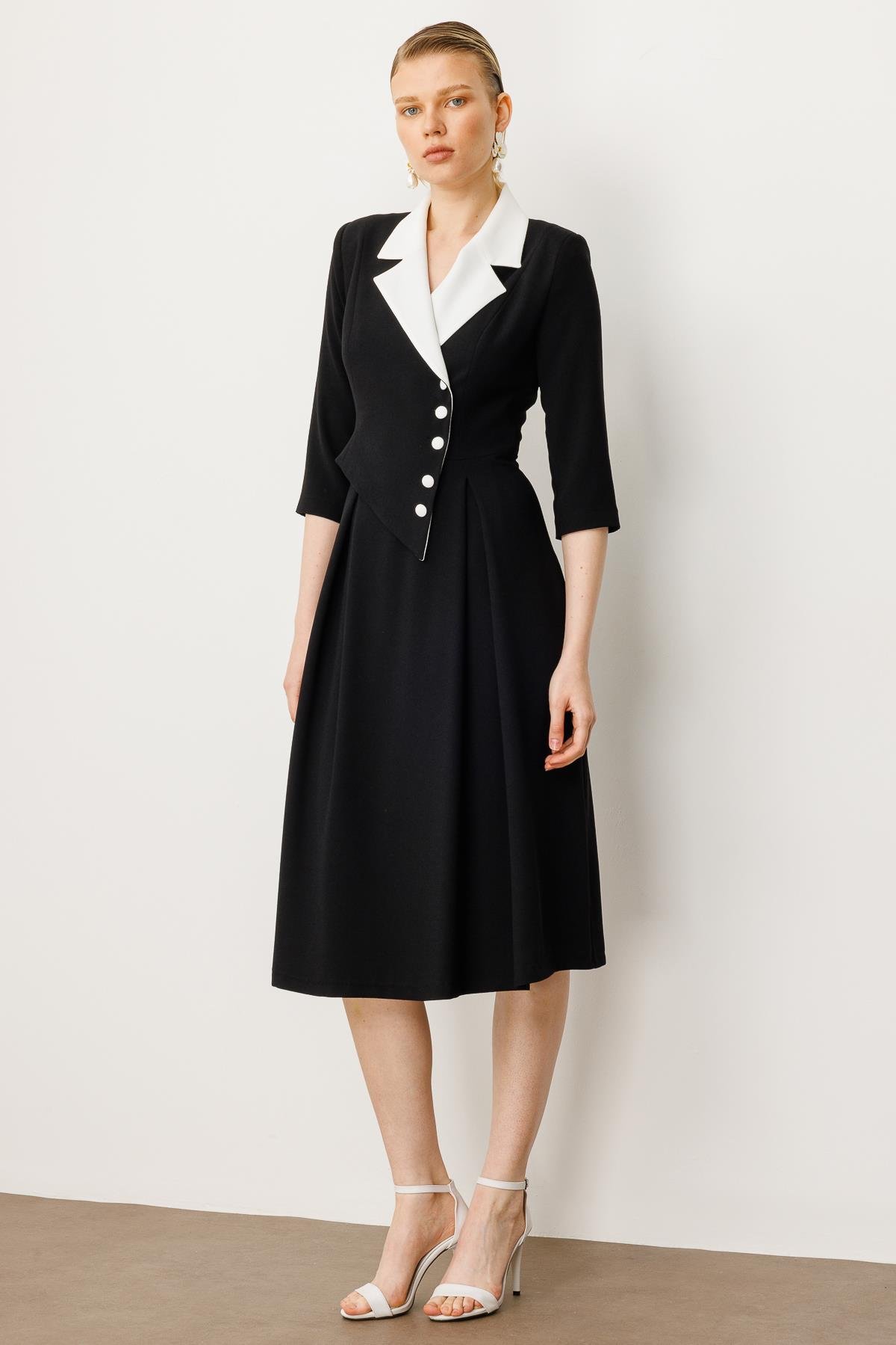 Modailgi  Yakası Ekru Kombinli Pile Detaylı Elbise Siyah