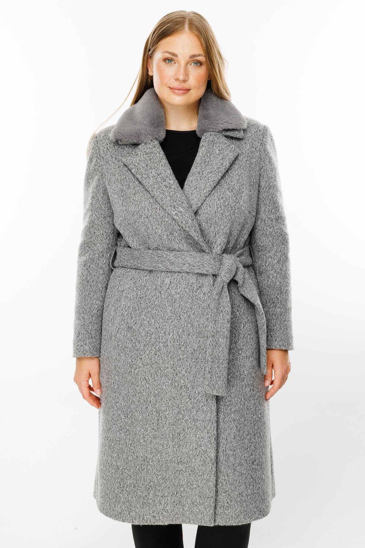 Modailgi  Yakası Kürklü Kırçıllı Uzun Kaşe Kaban Gri