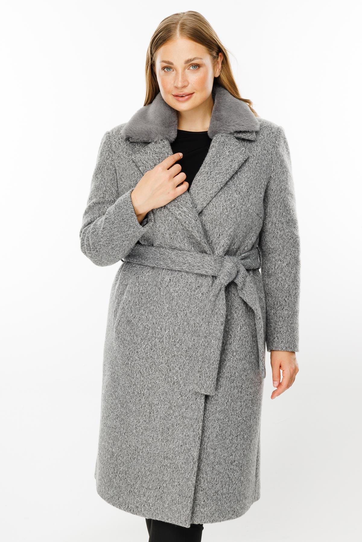 Modailgi  Yakası Kürklü Kırçıllı Uzun Kaşe Kaban Gri