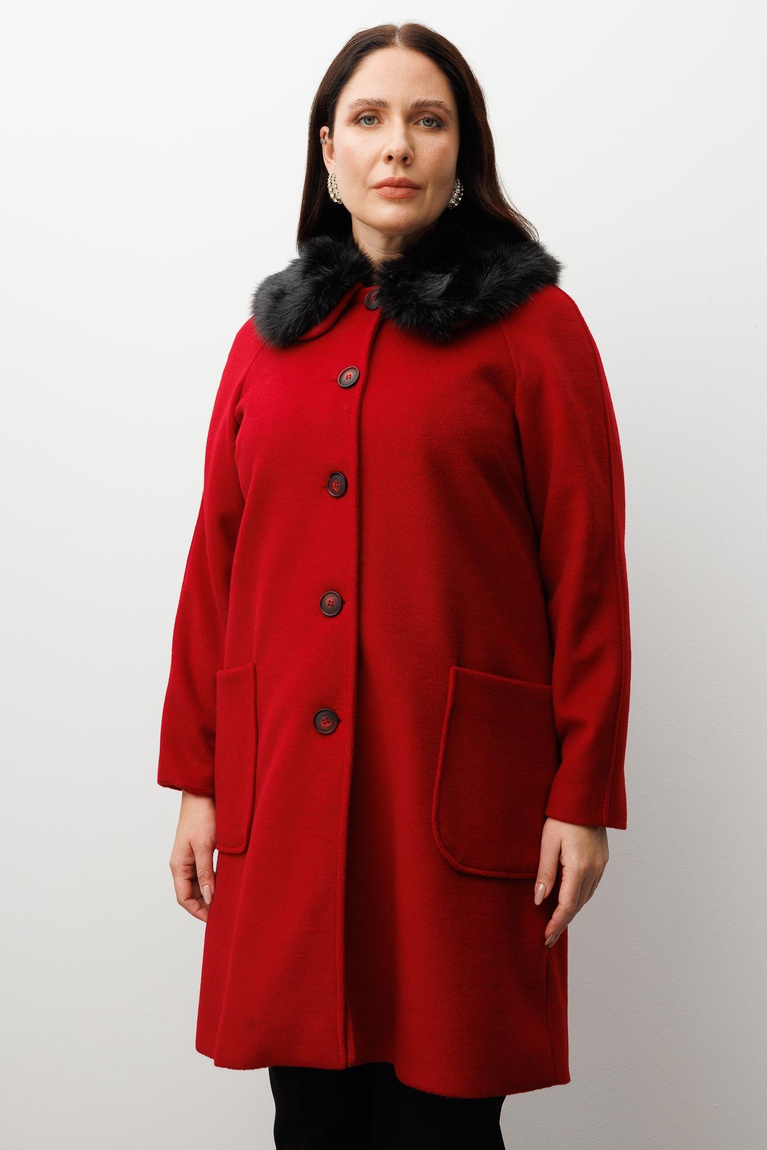 Modailgi  Yakası Kürklü Reglan Kol Kaban Kırmızı