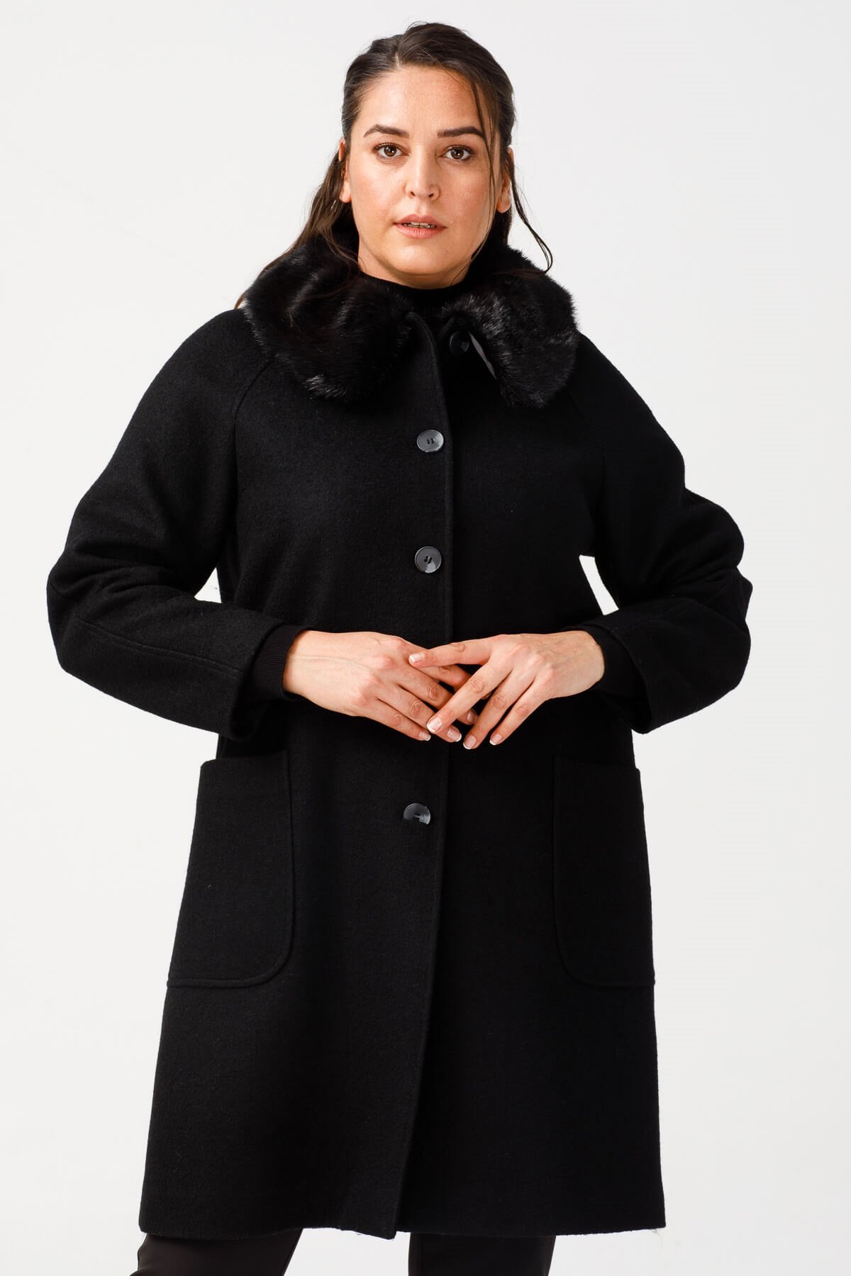Modailgi  Yakası Kürklü Reglan Kol Kaban Siyah