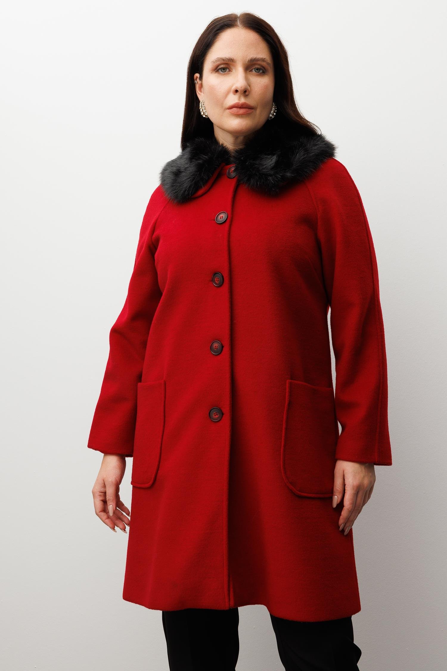 Modailgi  Yakası Kürklü Reglan Kol Kaban Kırmızı