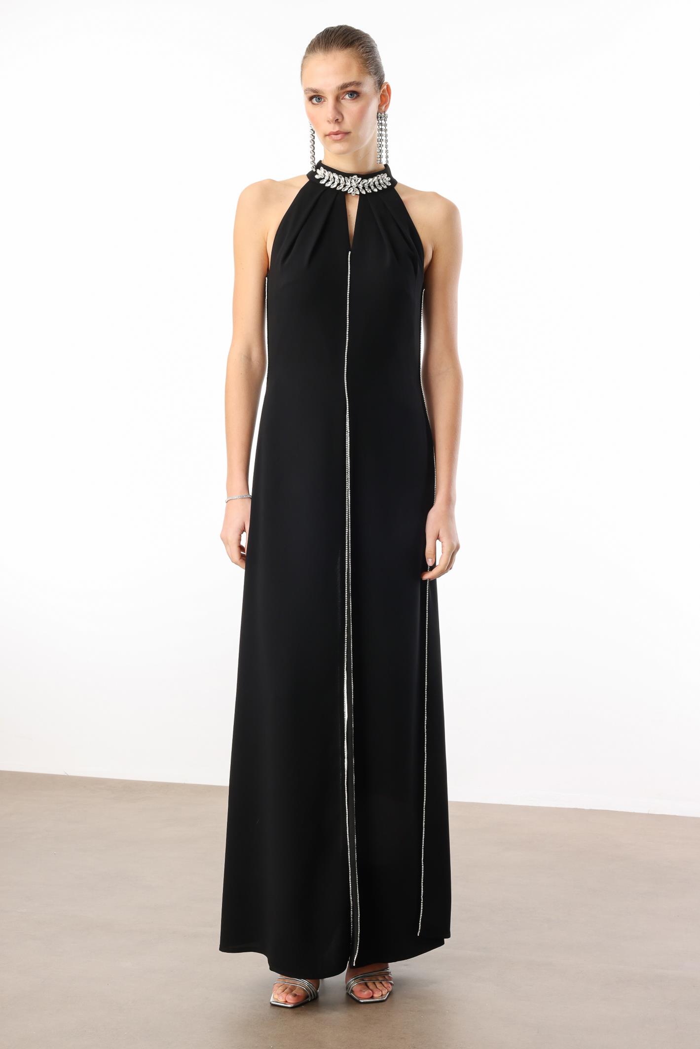 Modailgi  Yakası Taş Aksesuarlı Tulum Siyah