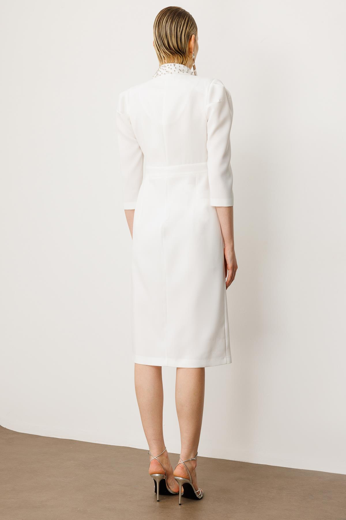 Modailgi  Yakası Taş İşlemeli Önden Yırtmaçlı Truvakar Kol Midiboy Elbise Ekru