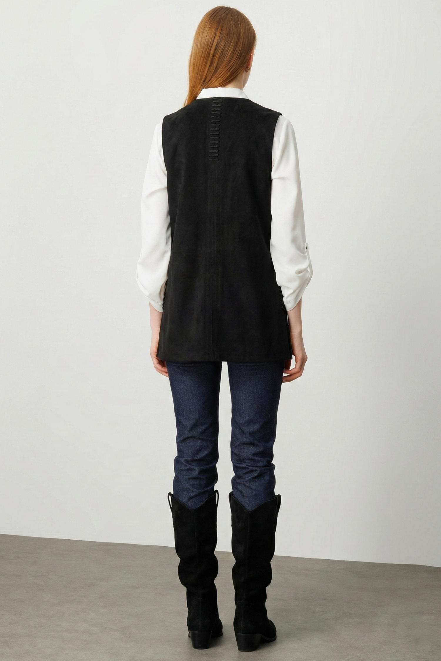 Modailgi  Yakasız Torba Cepli Yanları Lazer Kesim Şerit Detaylı Süet Yelek Siyah