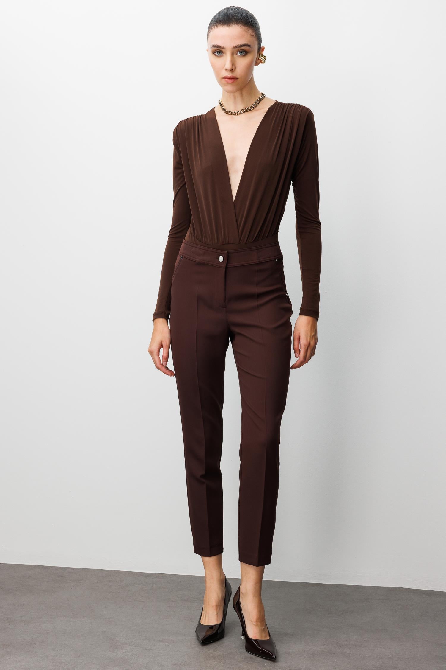 Modailgi  Yan Cep Dar Paça Pantolon Kahve