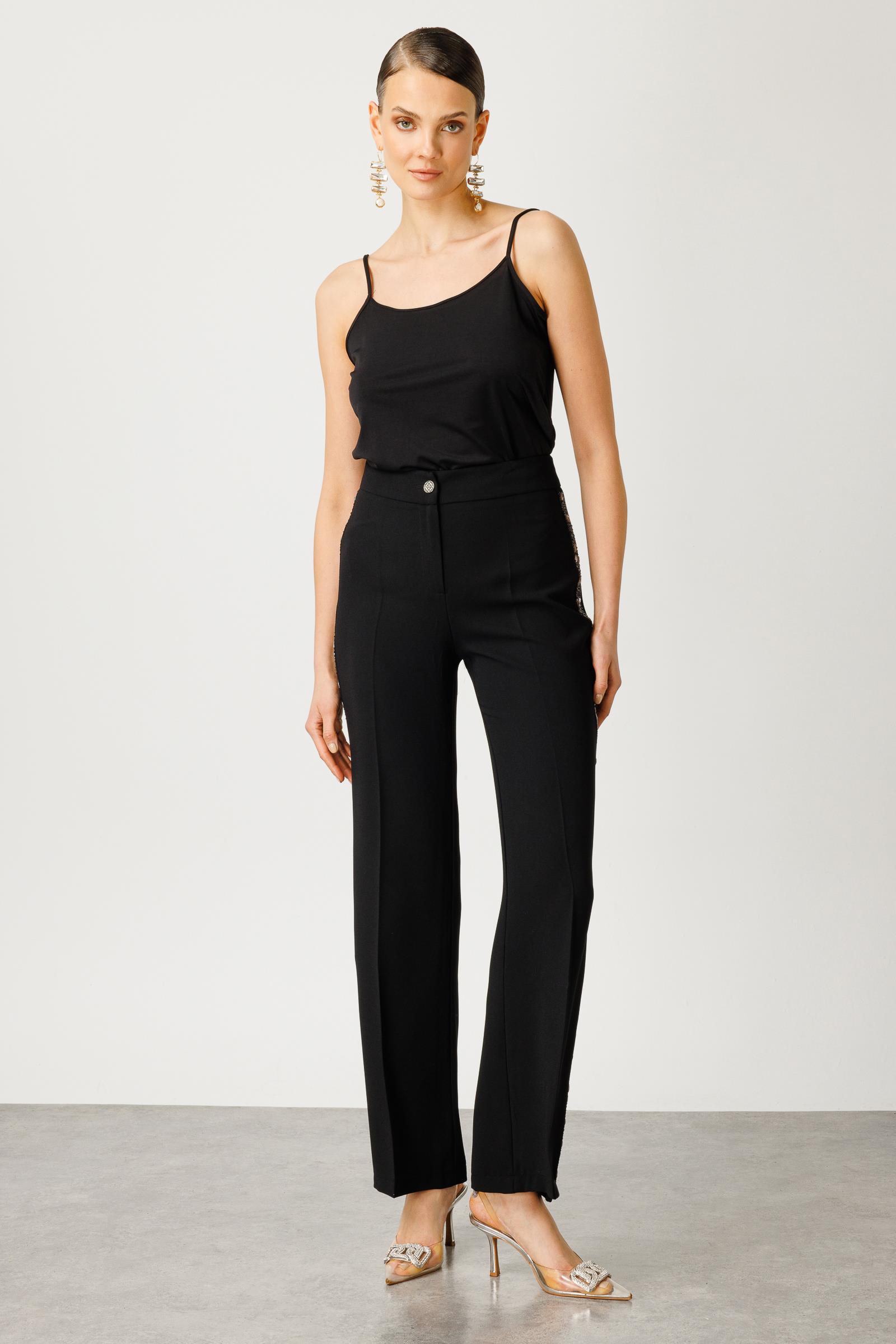 Modailgi  Yanları Taş Şeritli Geniş Paça Pantolon - 7545 Siyah