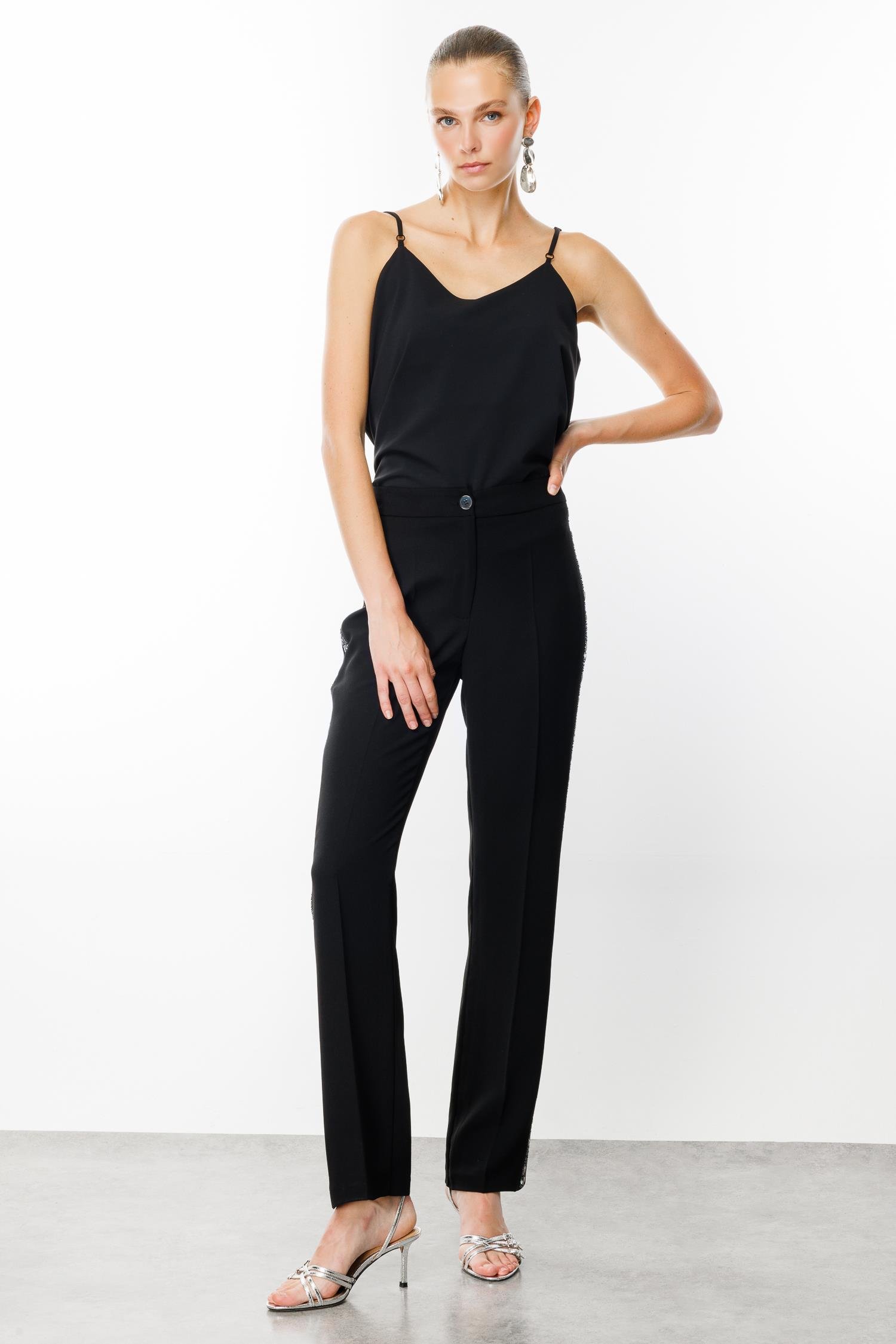 Modailgi  Yanları Taş Şeritli Pantolon - 7582 Siyah