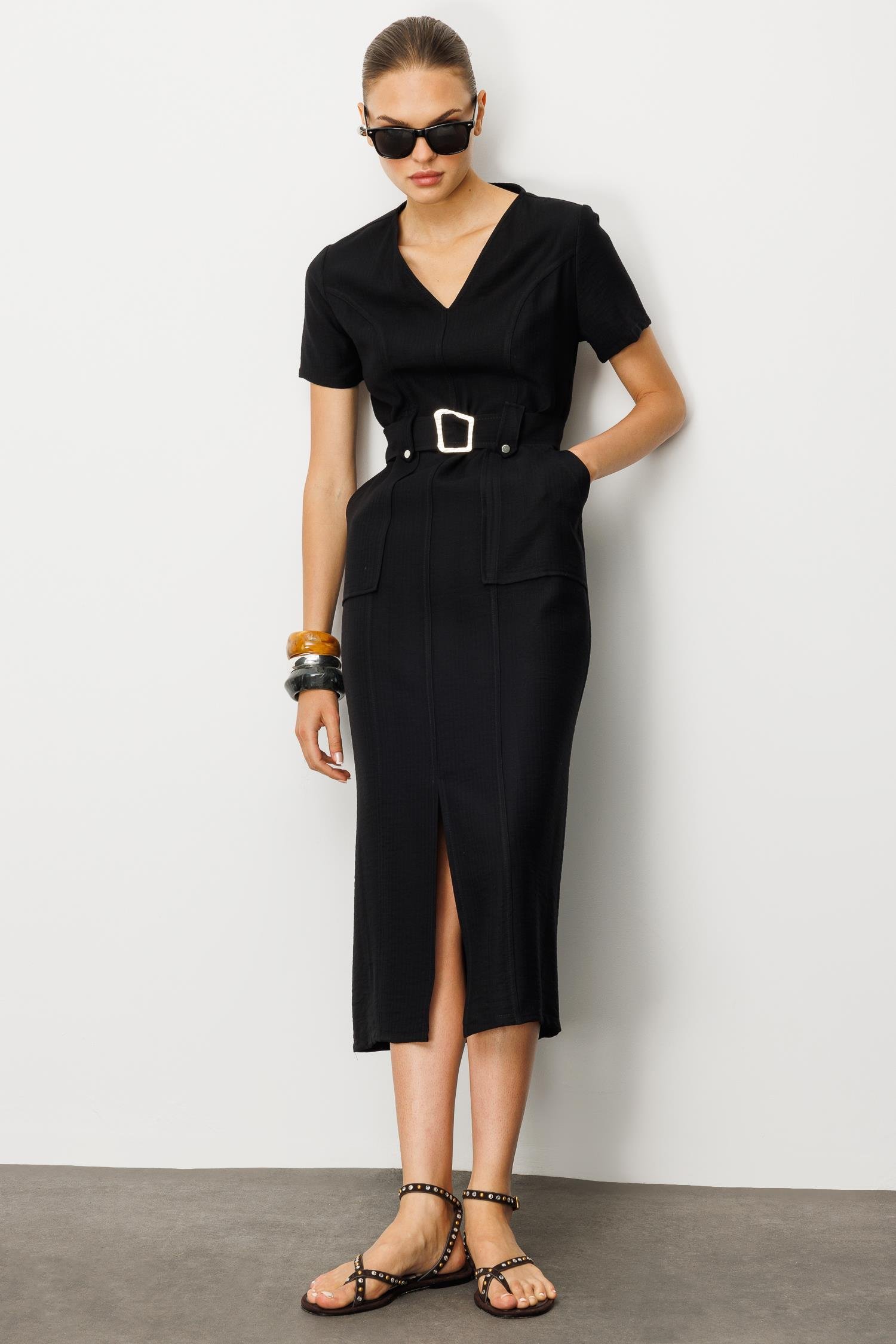 Modailgi  Yarım Kol V Yaka Kuşak Kemer Bağlamalı Yandan Cepli Midi Boy Elbise Siyah