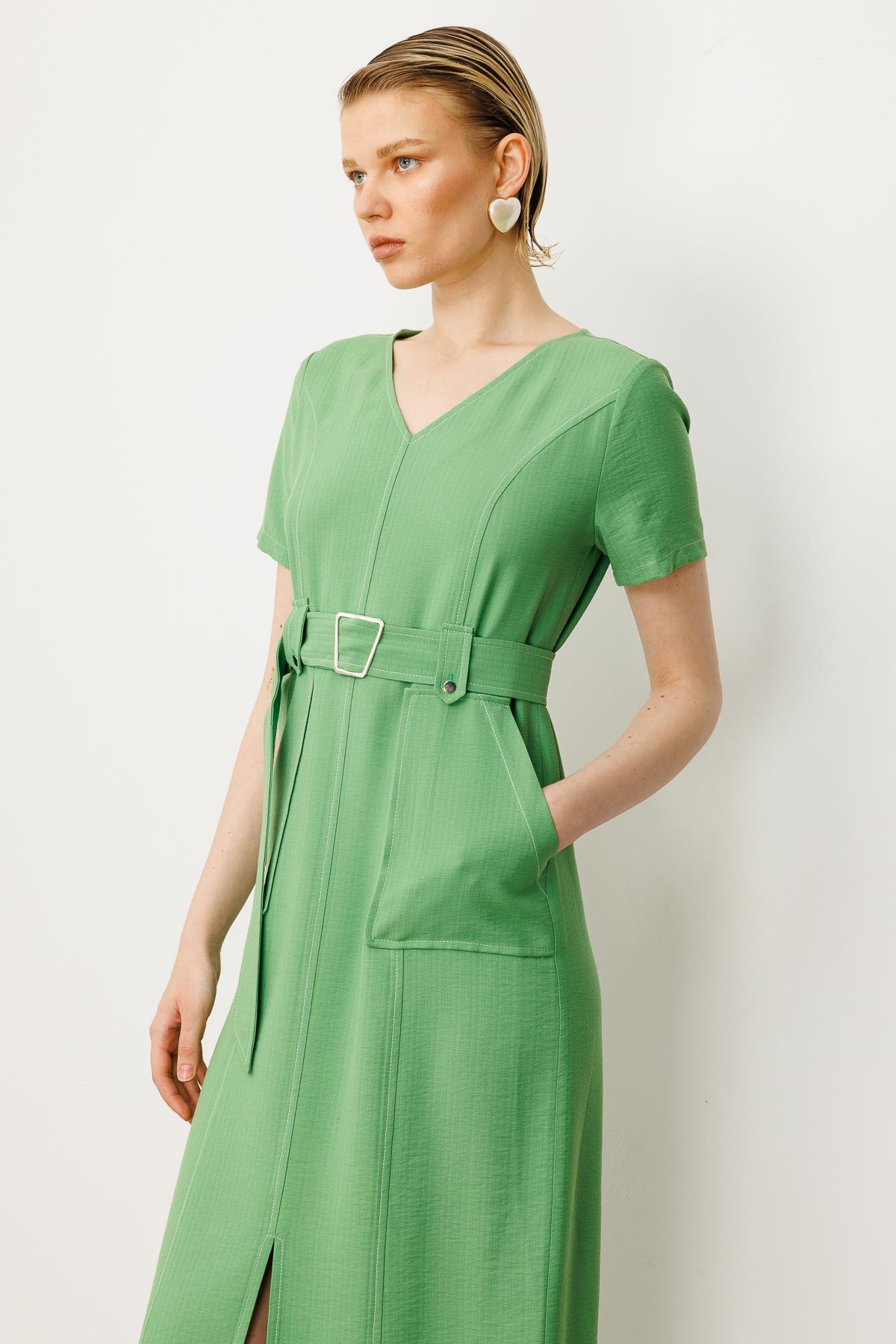 Modailgi  Yarım Kol V Yaka Kuşak Kemer Bağlamalı Yandan Cepli Midi Boy Elbise Yeşil