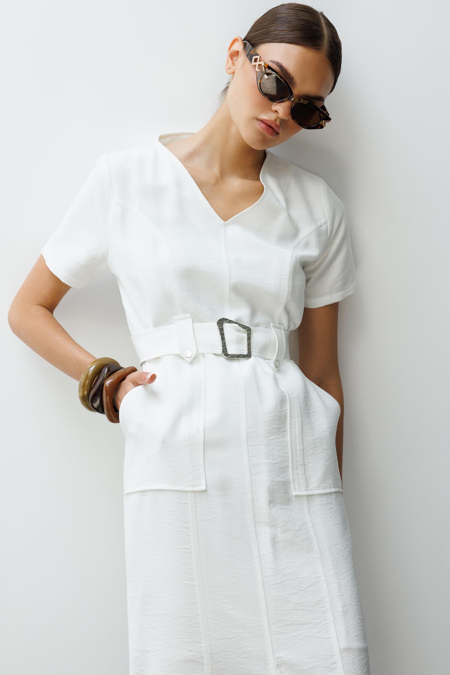 Modailgi  Yarım Kol V Yaka Kuşak Kemer Bağlamalı Yandan Cepli Midi Boy Elbise Ekru