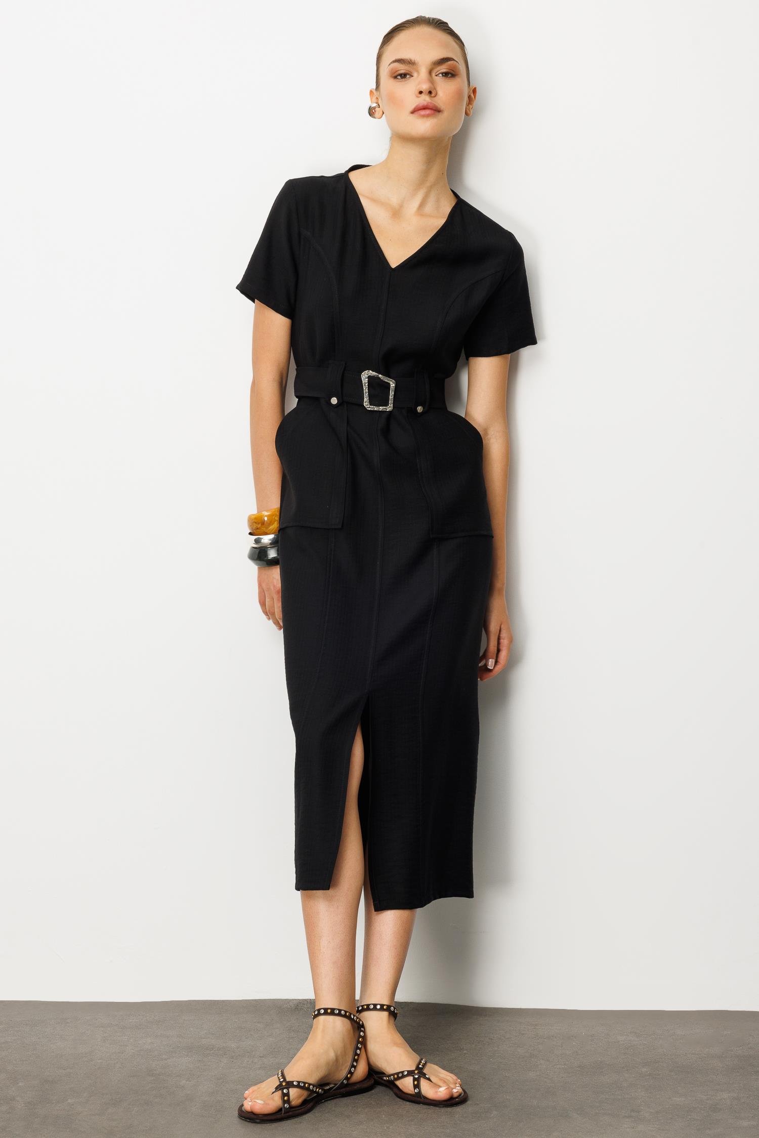 Modailgi  Yarım Kol V Yaka Kuşak Kemer Bağlamalı Yandan Cepli Midi Boy Elbise Siyah