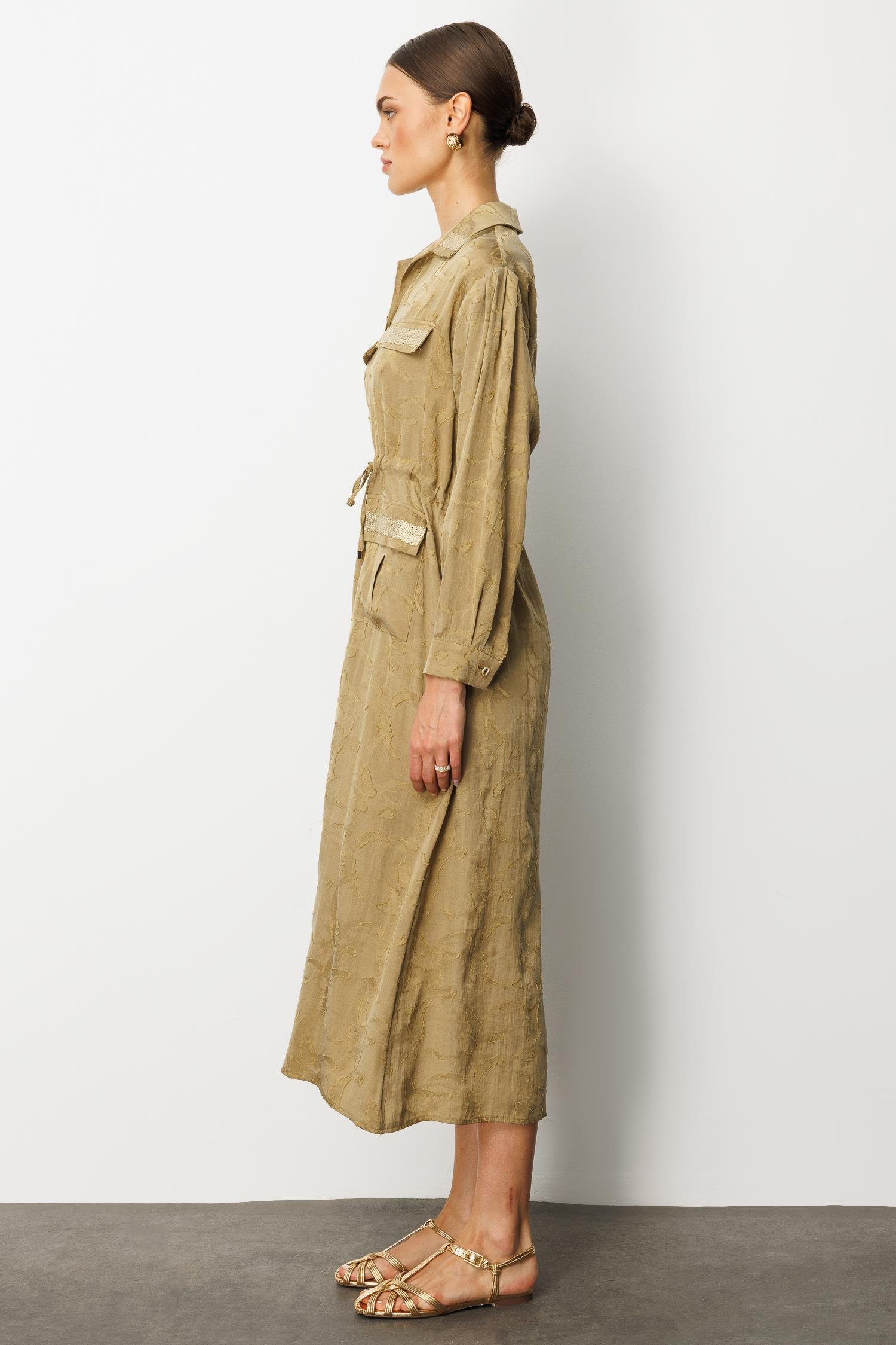 Modailgi  Yarım Patlı Beli Tünel Detaylı Cepli ve Aksesuarlı Uzun Elbise Yağ Yeşili