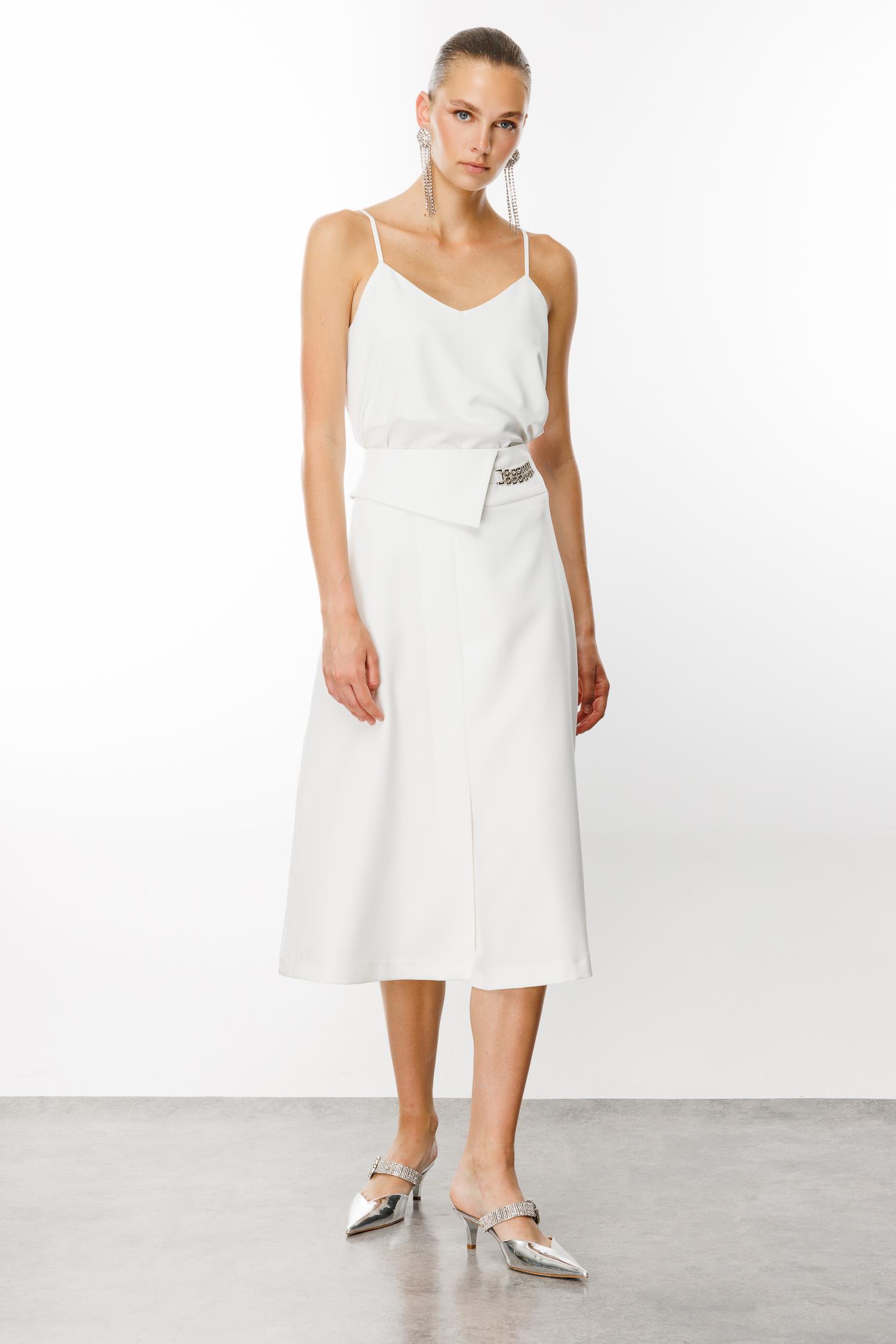 Modailgi  Yüksek Bel Kemeri Tokalı Midi Boy Pilikaşe Etek Ekru