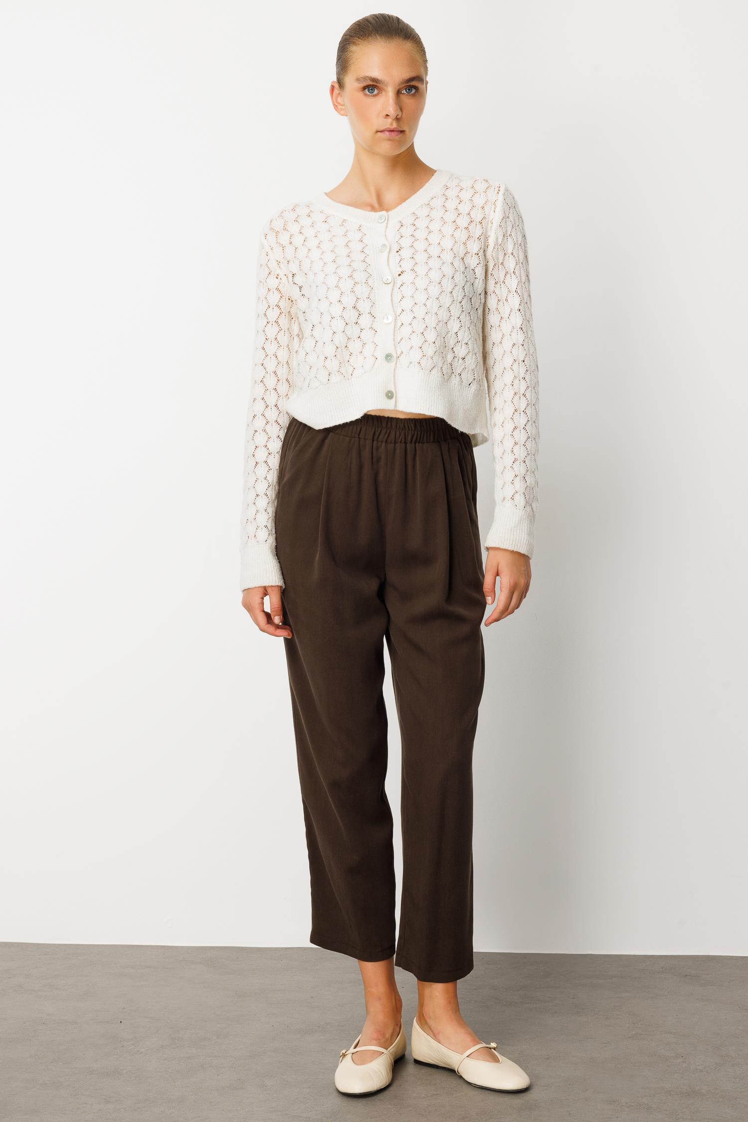 Modailgi  Yüksek Bel Lastikli Yandan Cepli Pileli Pantolon - 15040 Kahve