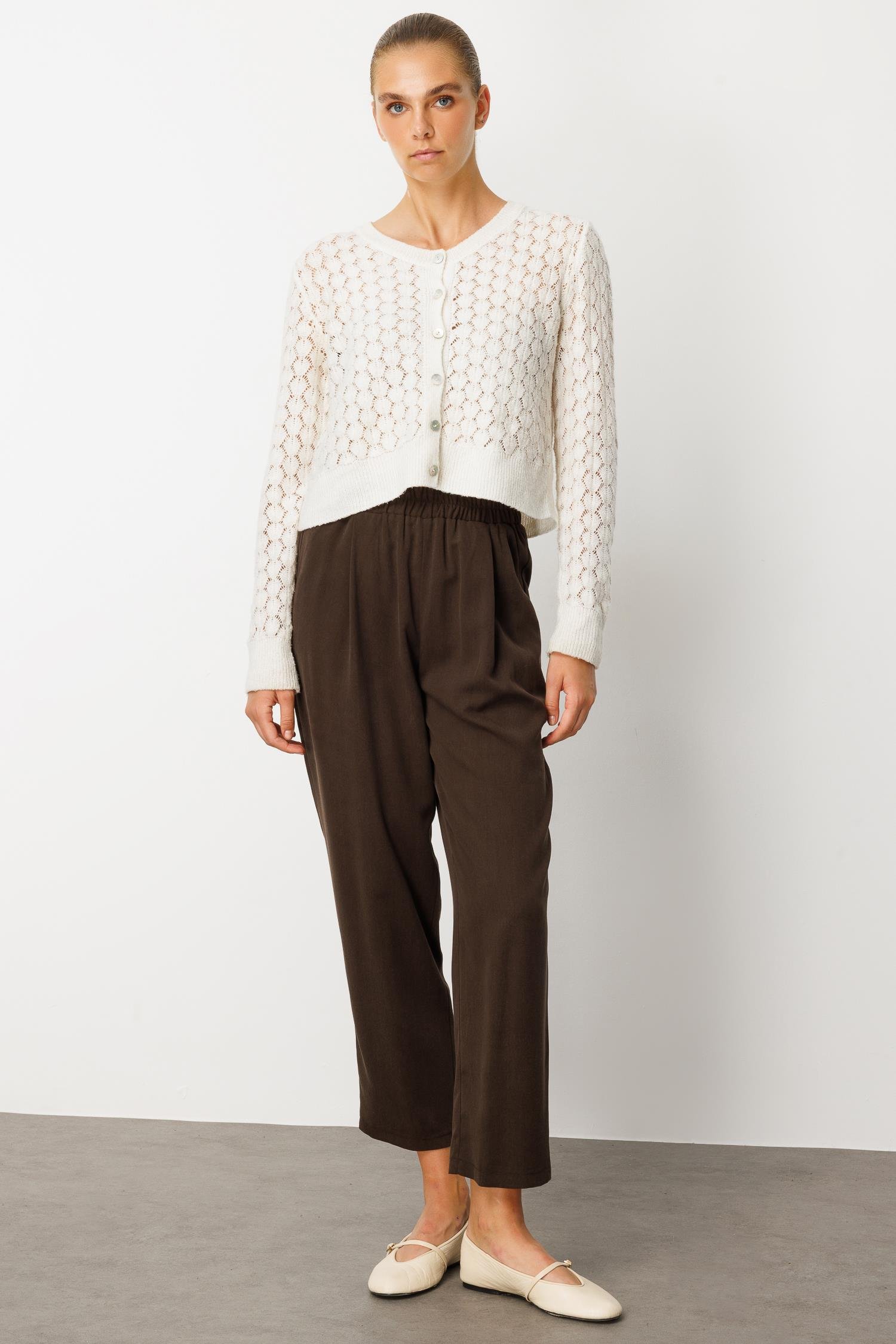 Modailgi  Yüksek Bel Lastikli Yandan Cepli Pileli Pantolon - 15040 Kahve