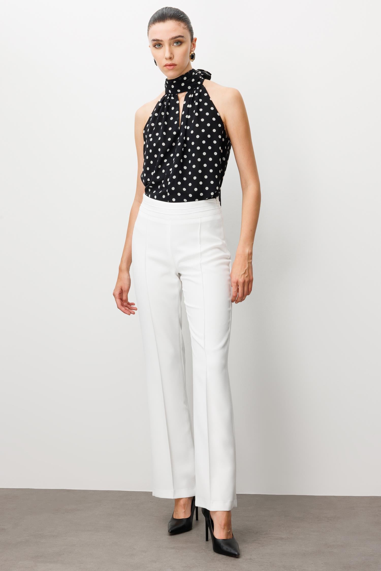 Modailgi  Yüksek Bel Nevrüllü İspanyol Paça Pantolon Ekru