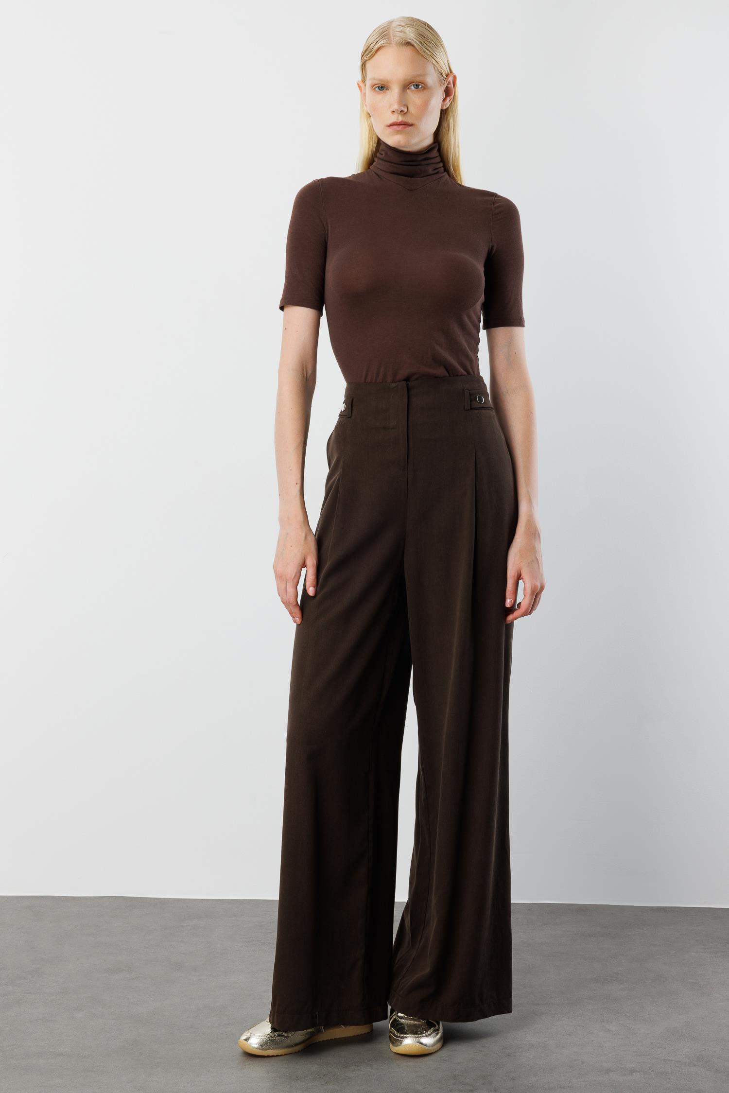 Modailgi  Yüksek Bel Pile Detaylı Beli Bant ve Trok Detaylı Pantolon - 15043 Kahve