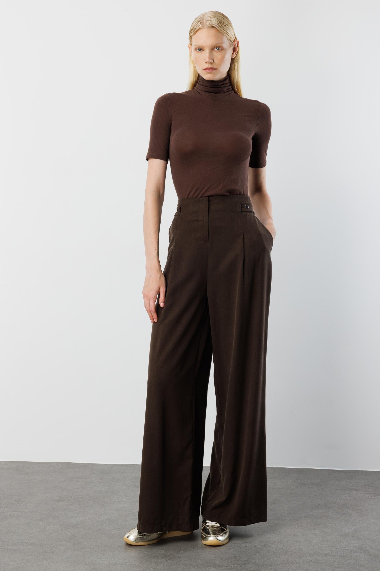 Modailgi  Yüksek Bel Pile Detaylı Beli Bant ve Trok Detaylı Pantolon - 15043 Kahve