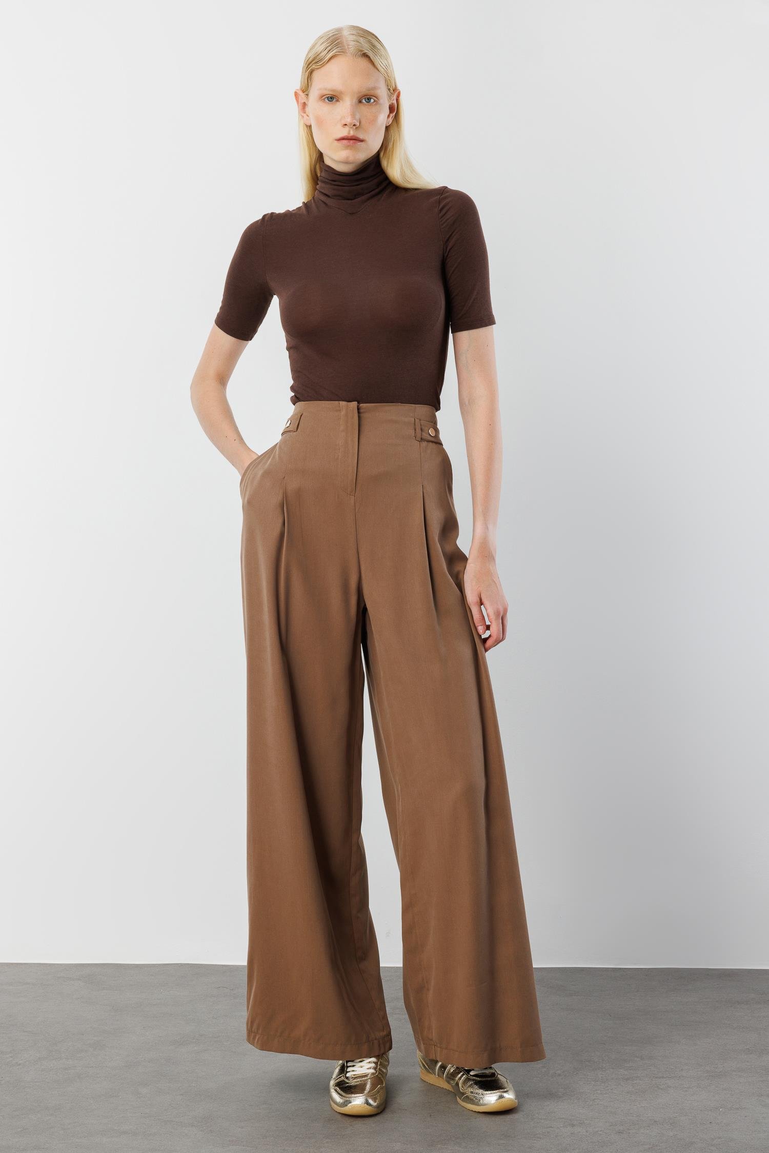 Modailgi  Yüksek Bel Pile Detaylı Beli Bant ve Trok Detaylı Pantolon - 15043 Vizon