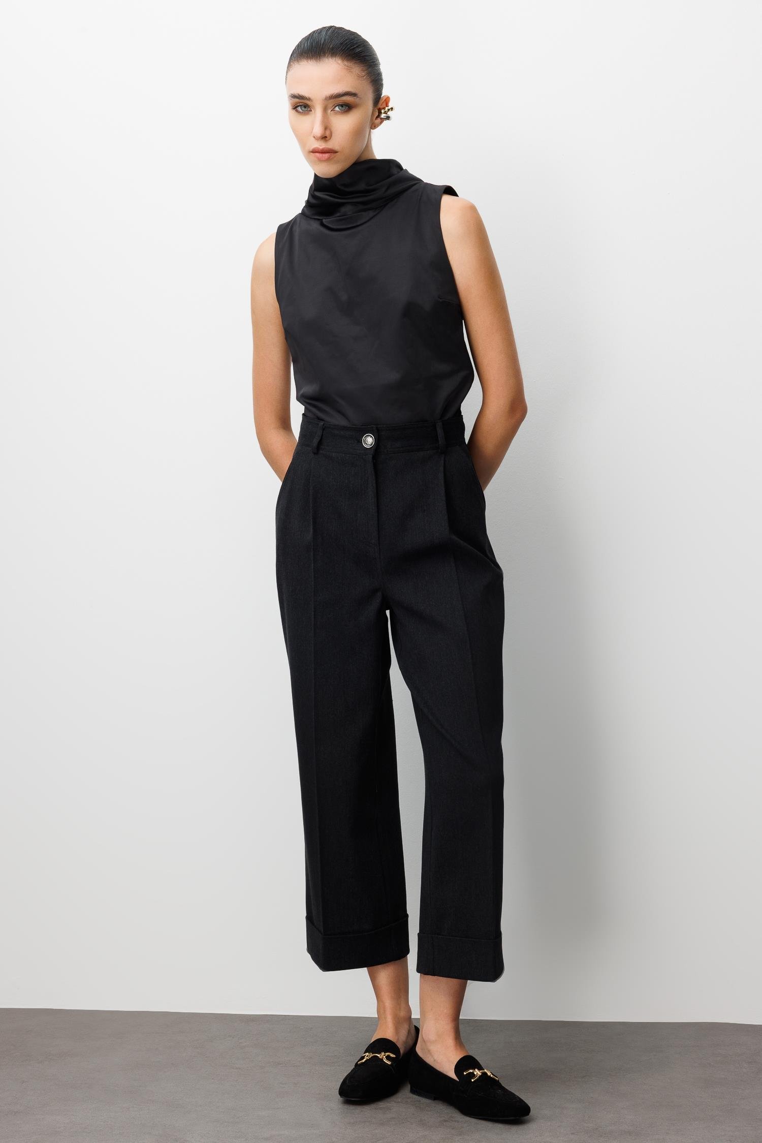 Modailgi  Yüksek Bel Pile Detaylı Duble Paça Rahat Kesim Pantolon - 75013 Siyah