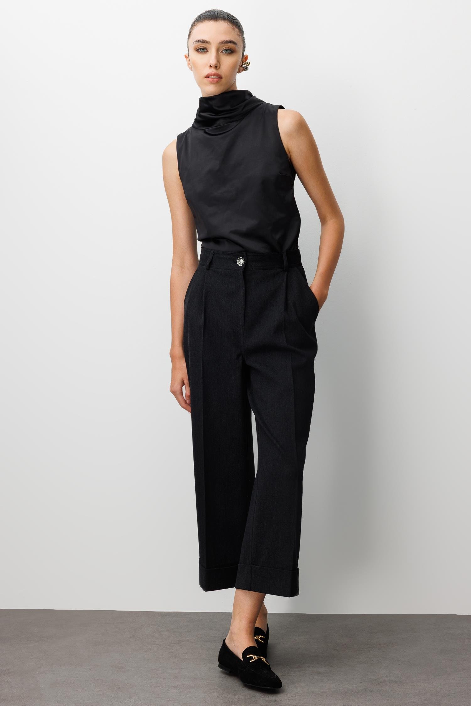 Modailgi  Yüksek Bel Pile Detaylı Duble Paça Rahat Kesim Pantolon - 75013 Siyah