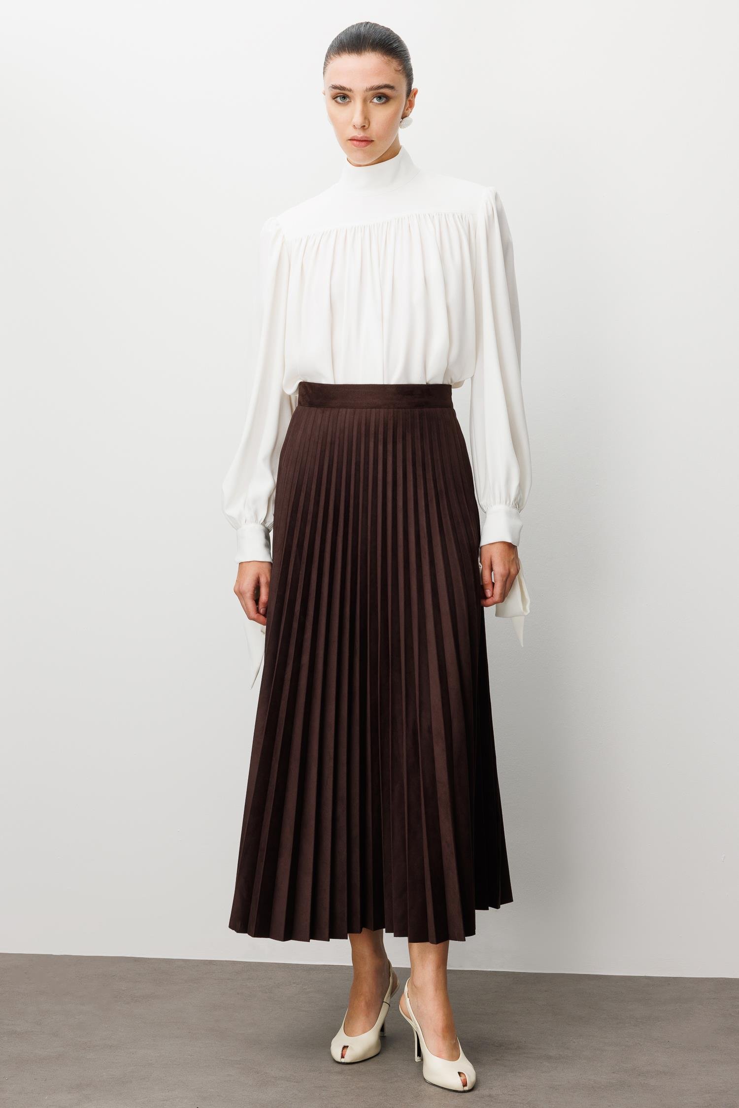 Modailgi  Yüksek Bel Plisoley Pliseli Uzun Süet Etek Kahve