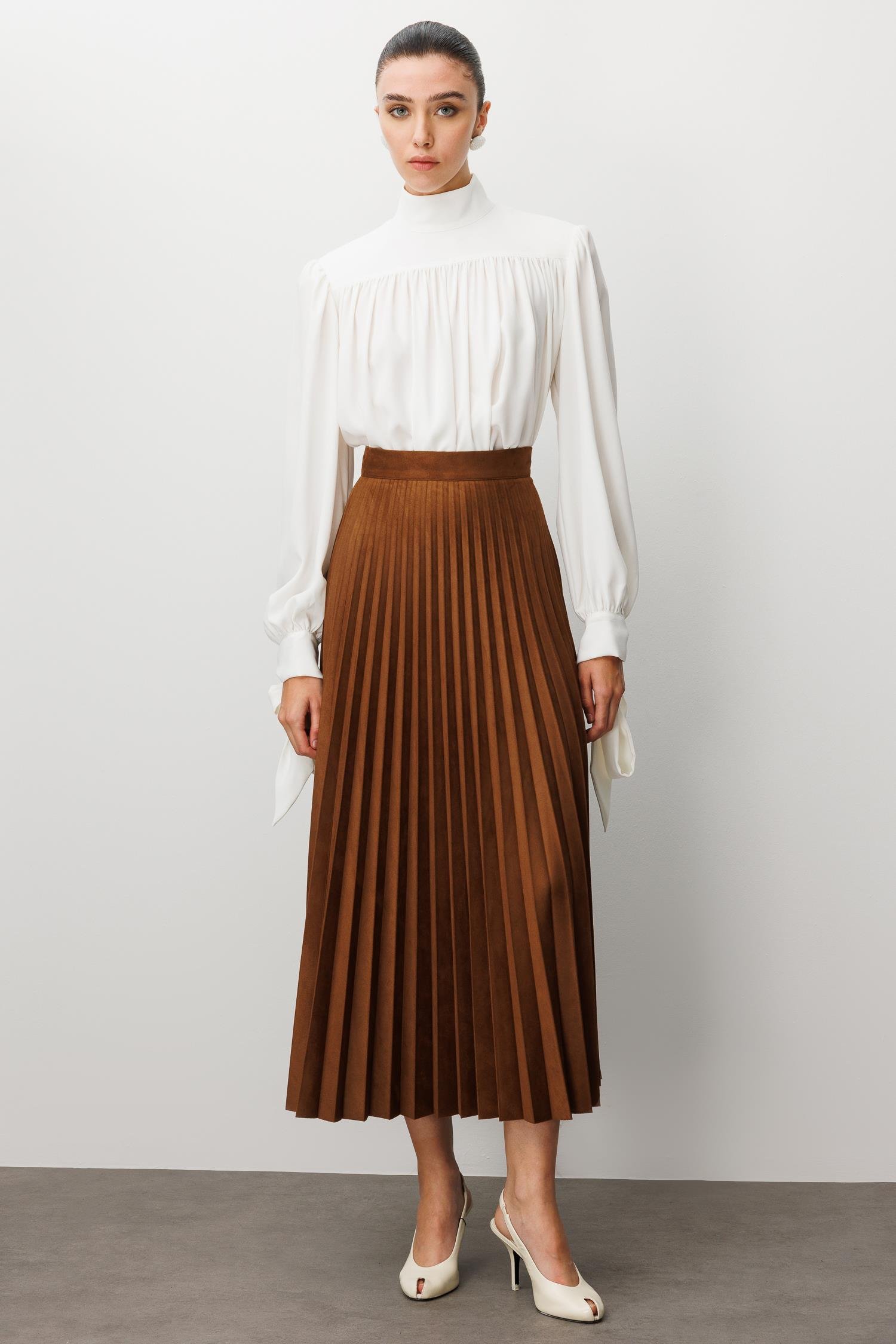 Modailgi  Yüksek Bel Plisoley Pliseli Uzun Süet Etek Taba